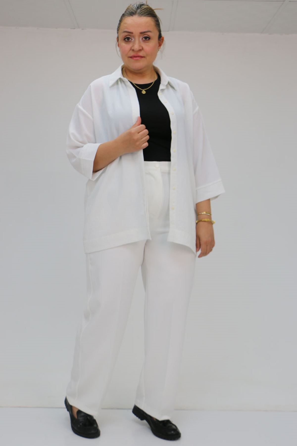 59010 Büyük Beden Beli Düğmeli Double Pantolon - Ekru