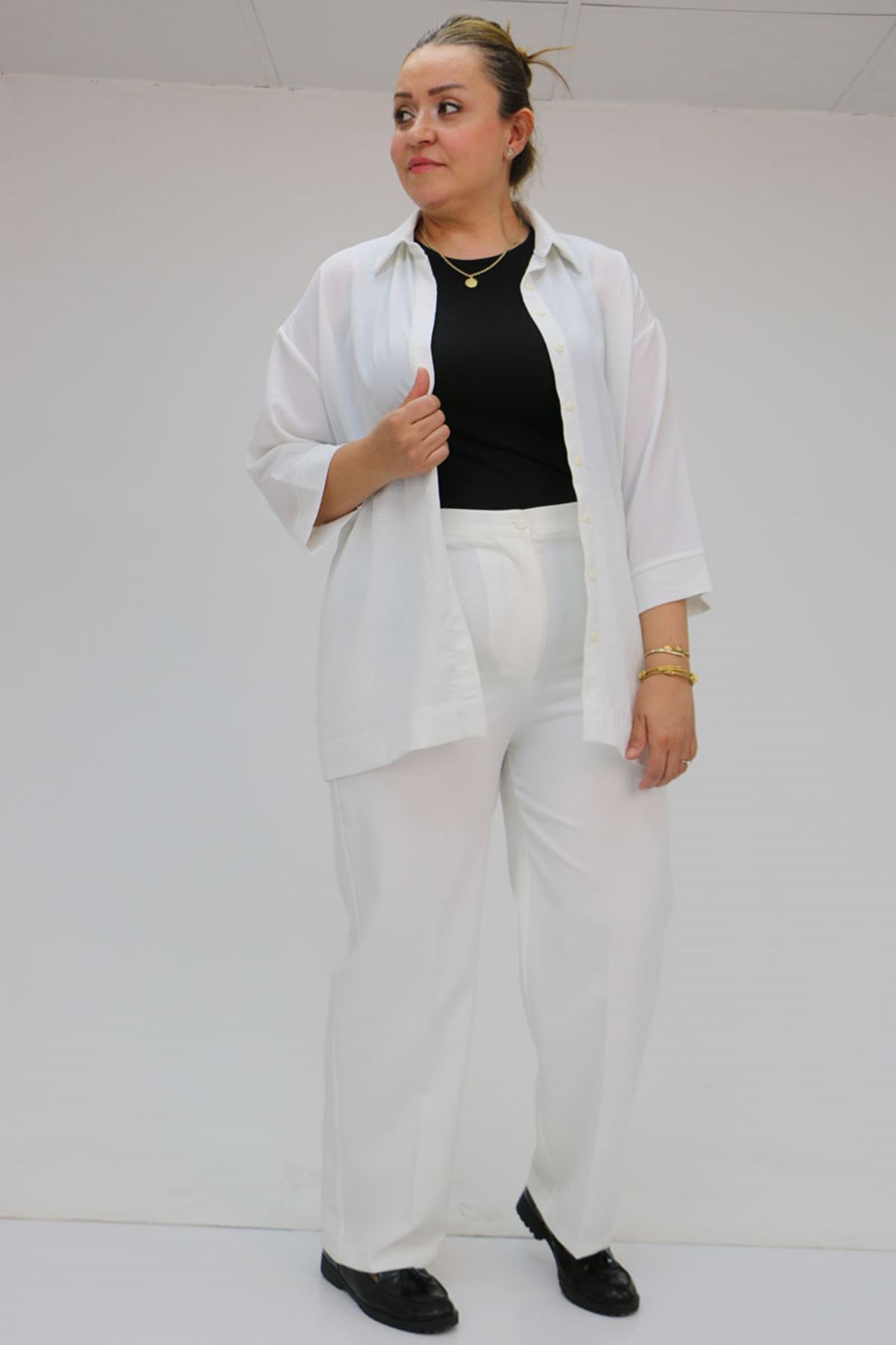 59010 Büyük Beden Beli Düğmeli Double Pantolon - Ekru