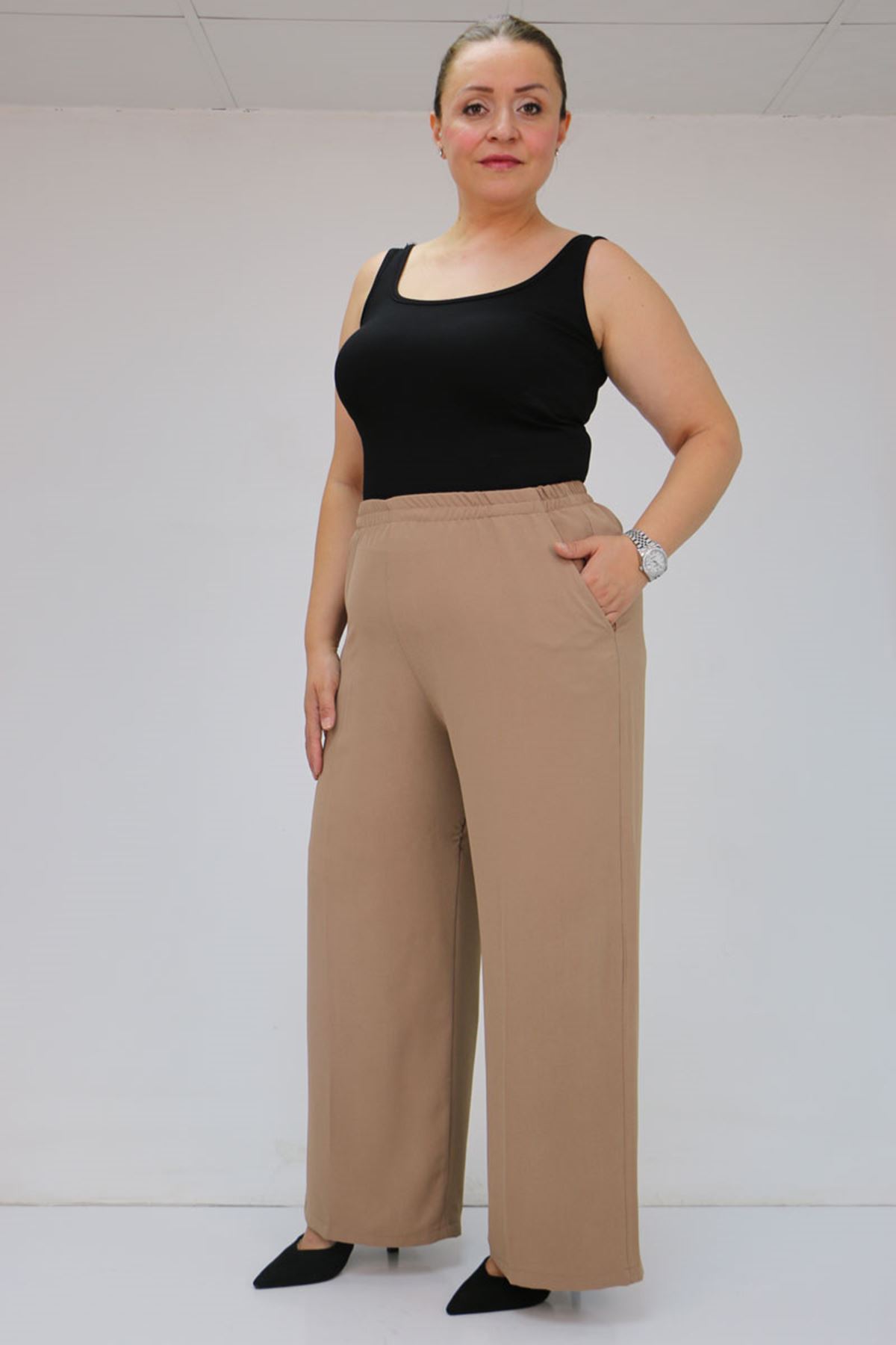 59014 Büyük Beden Beli Lastikli Bolpaça Pantolon - Vizon