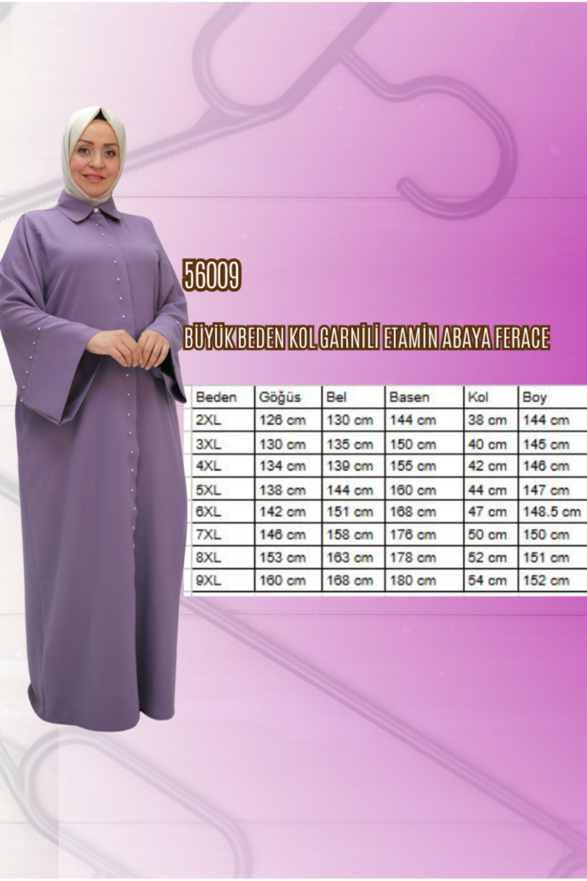 56012 Büyük Beden Kol Garnili Etamin Abaya Ferace - Lila