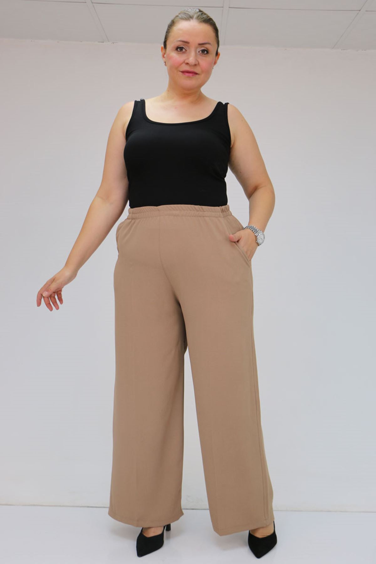 59014 Büyük Beden Beli Lastikli Bolpaça Pantolon - Vizon