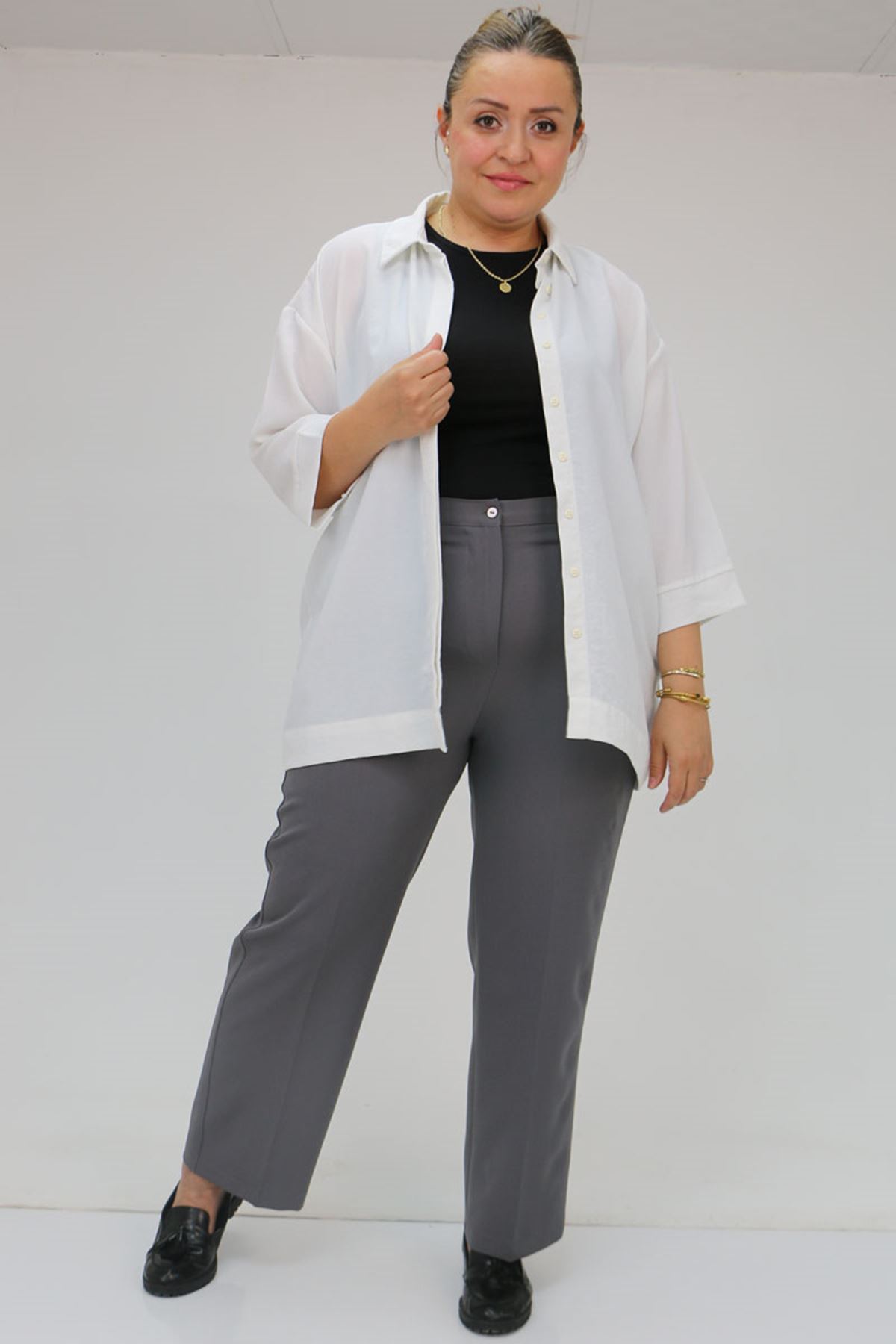 59010 Büyük Beden Beli Düğmeli Double Pantolon - Antrasit