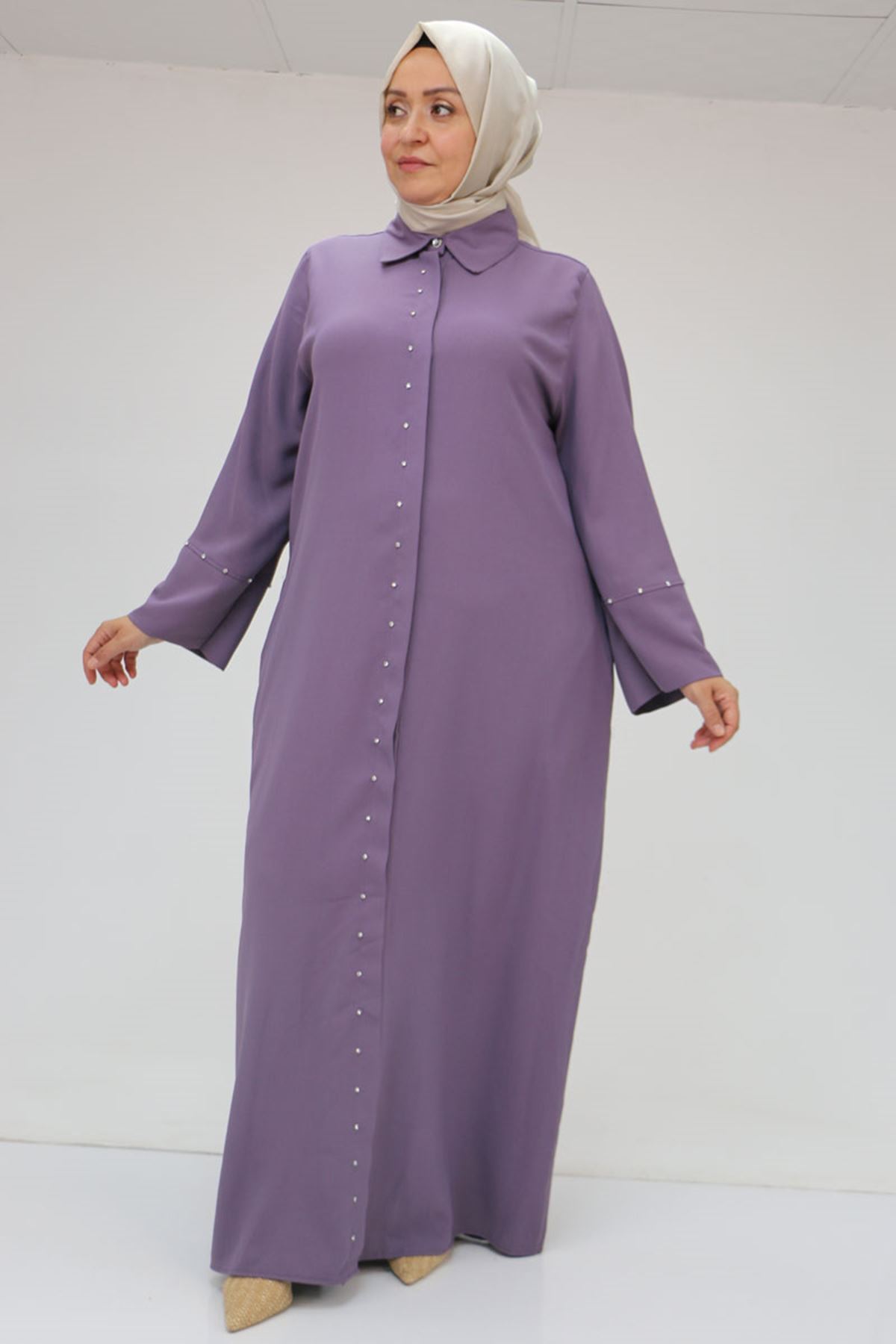 56012 Büyük Beden Kol Garnili Etamin Abaya Ferace - Lila