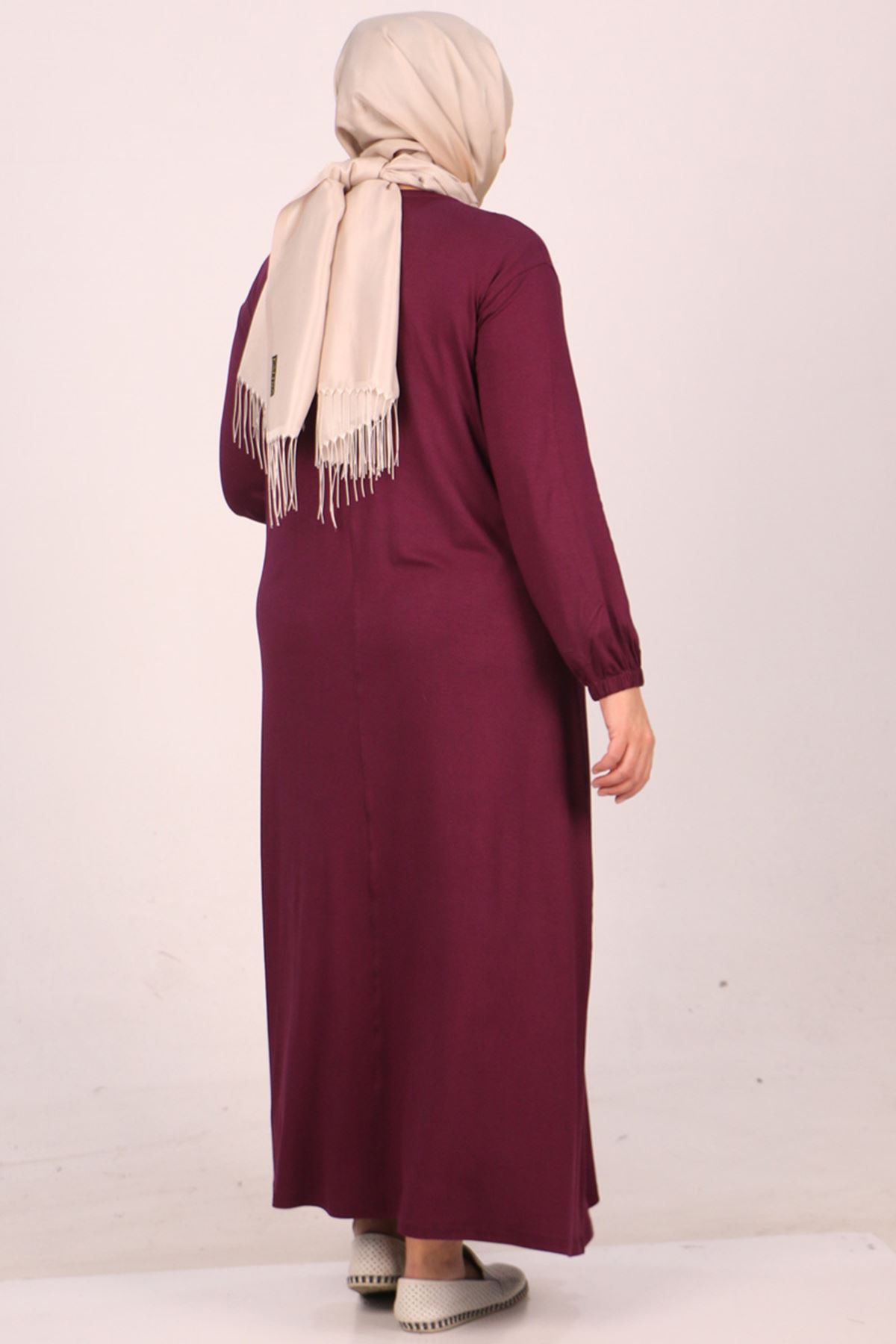 22008 Büyük Beden Kolu Lastikli Penye Elbise-Mürdüm