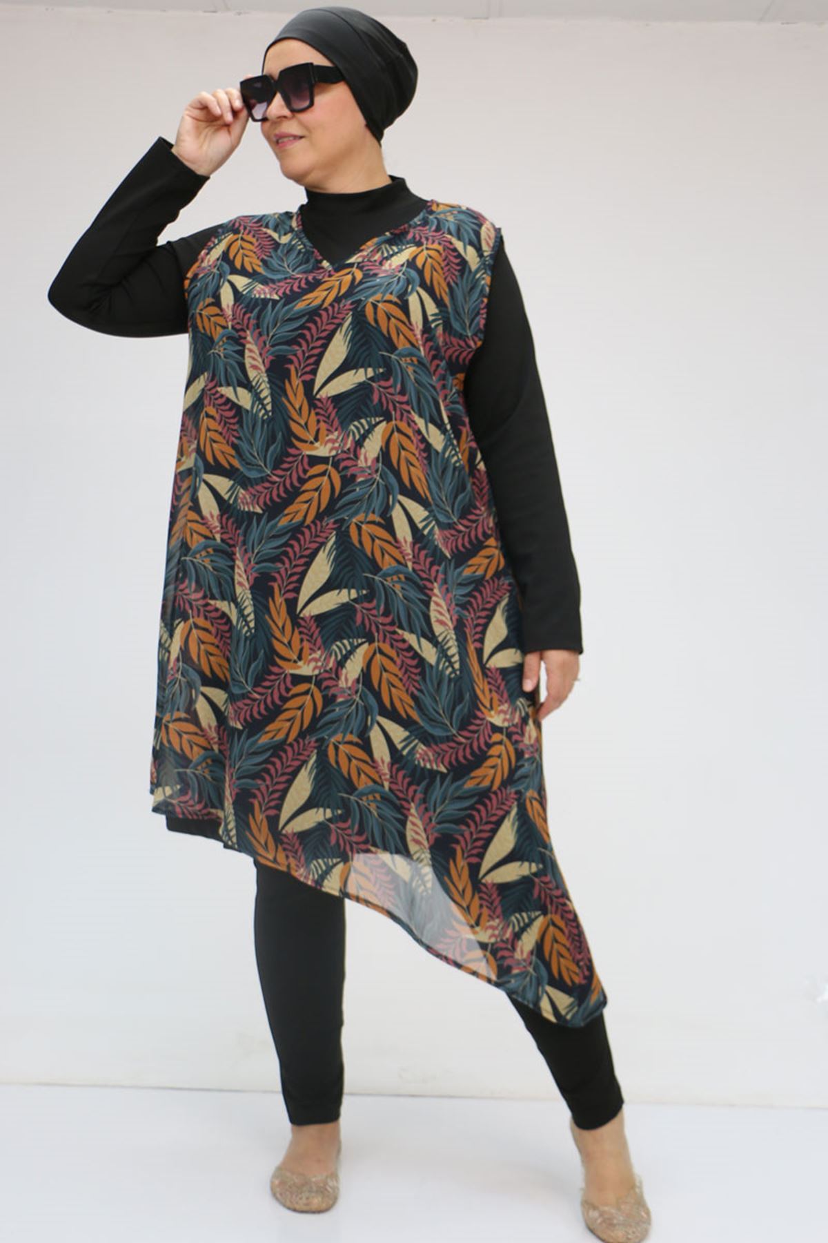 1723 Büyük Beden Uzun Kol Şifon Pareolu Tesettür Mayo Takım - Yaprak Desen Hardal