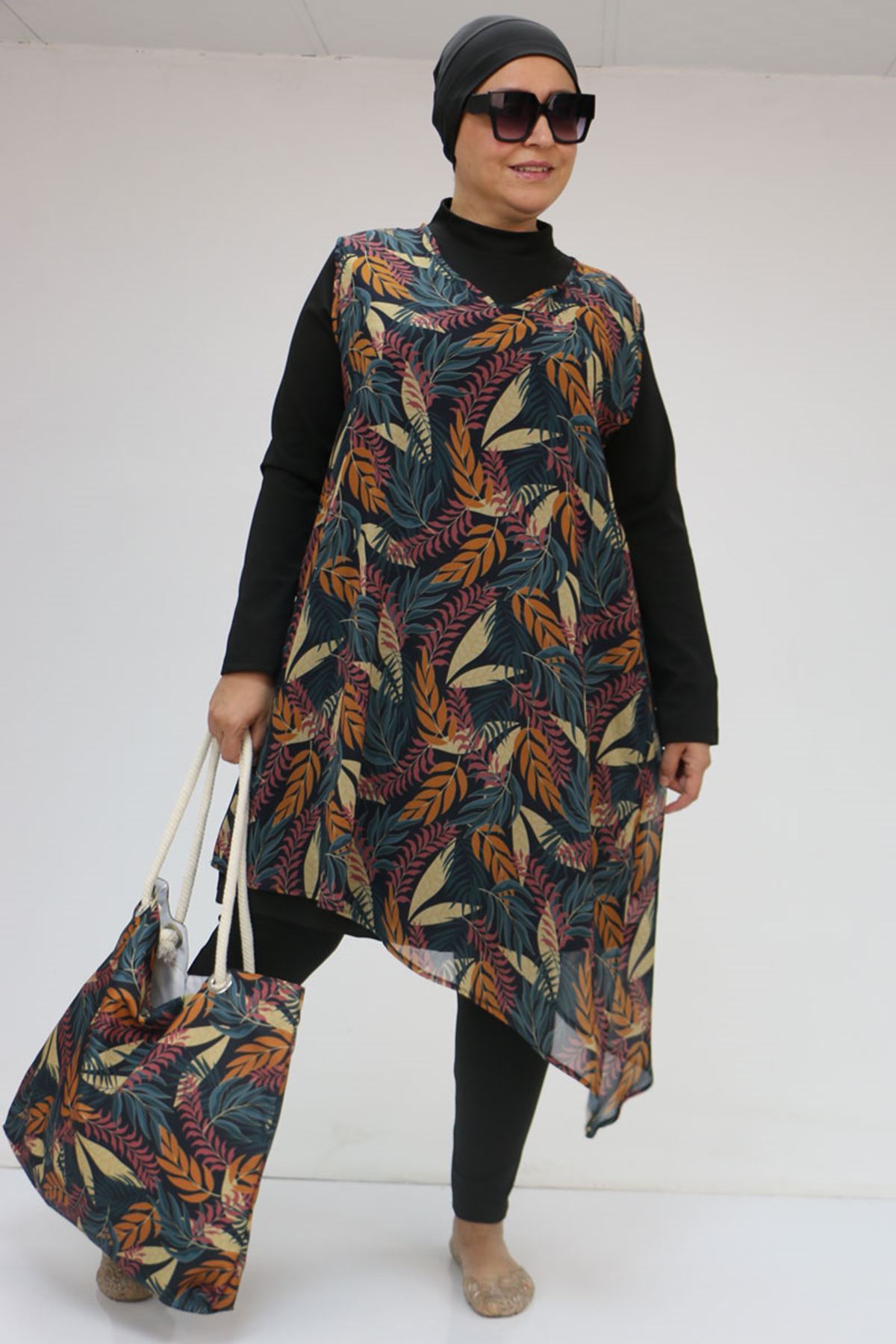 1723 Büyük Beden Uzun Kol Şifon Pareolu Tesettür Mayo Takım - Yaprak Desen Hardal