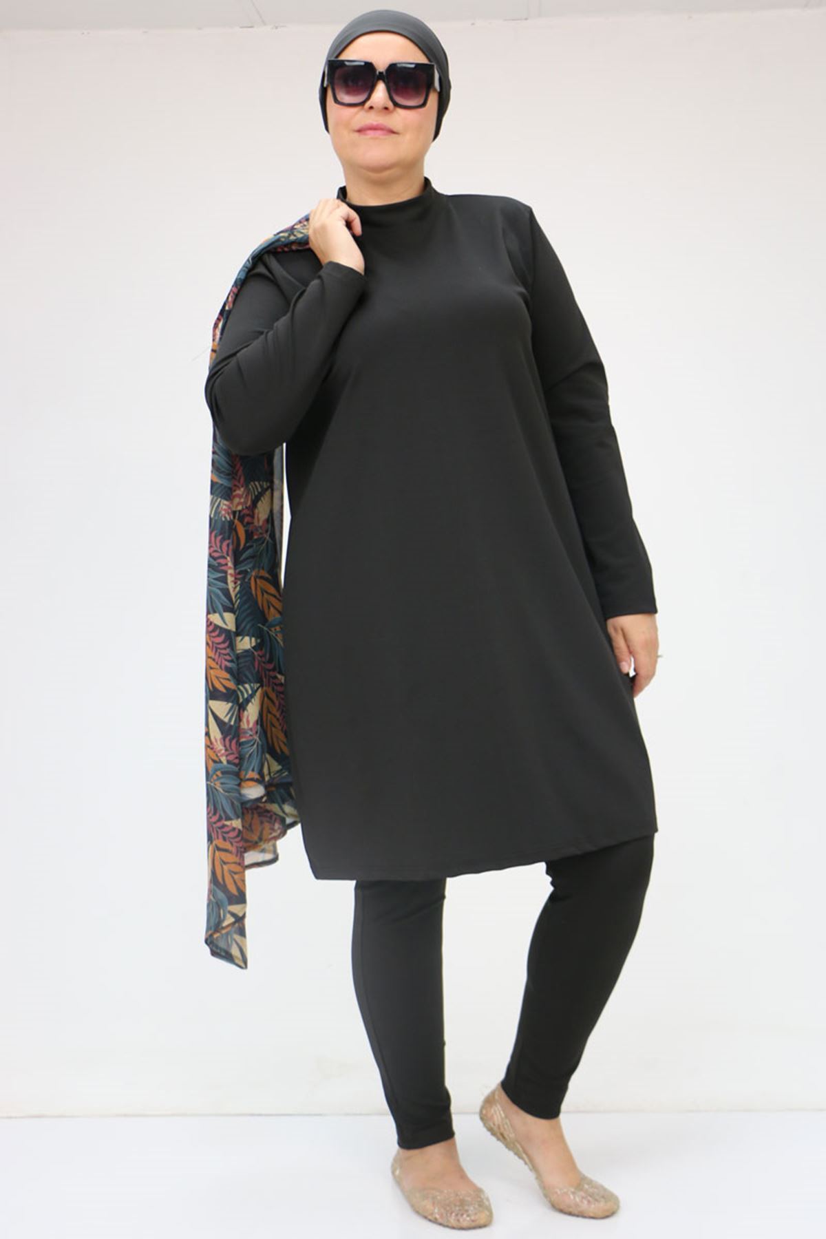 1723 Büyük Beden Uzun Kol Şifon Pareolu Tesettür Mayo Takım - Yaprak Desen Hardal