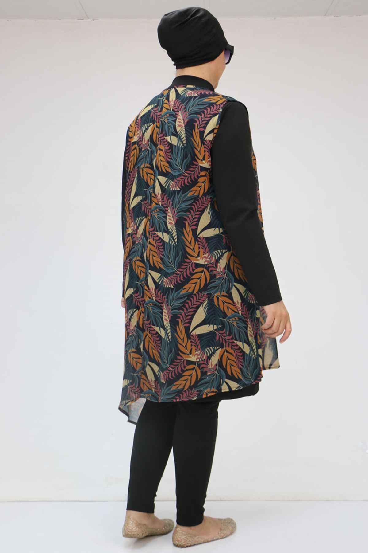 1723 Büyük Beden Uzun Kol Şifon Pareolu Tesettür Mayo Takım - Yaprak Desen Hardal