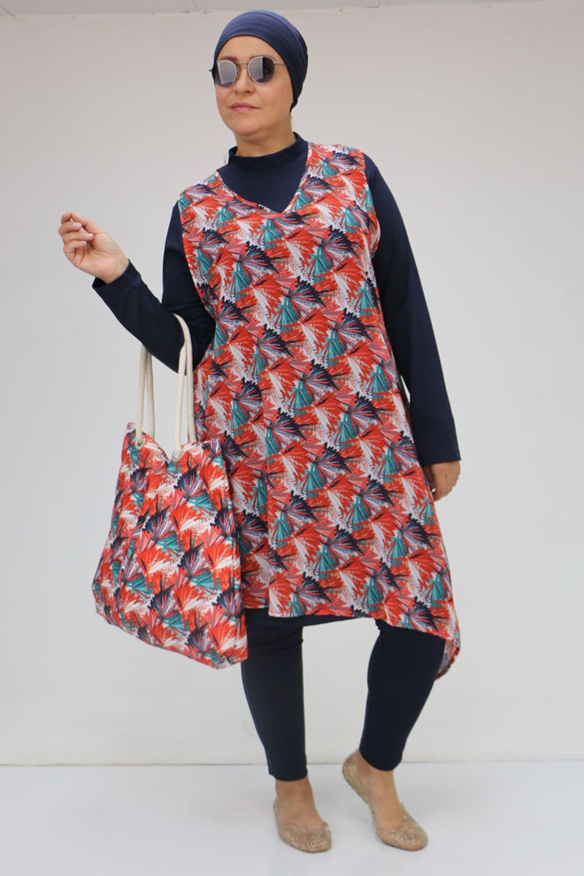 1723 Büyük Beden Uzun Kol Şifon Pareolu Tesettür Mayo Takım - Yaprak Desen Oranj