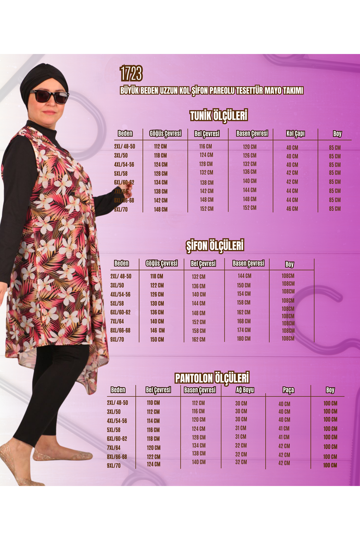 1723 Büyük Beden Uzun Kol Şifon Pareolu Tesettür Mayo Takım - Yaprak Desen Oranj