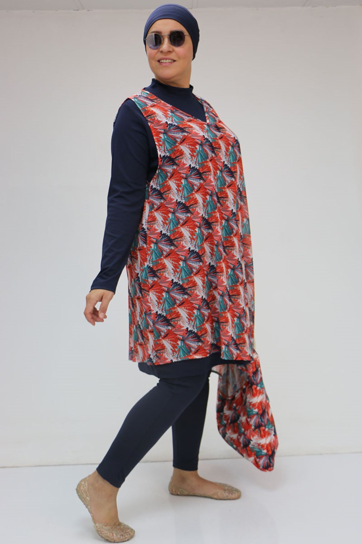 1723 Büyük Beden Uzun Kol Şifon Pareolu Tesettür Mayo Takım - Yaprak Desen Oranj