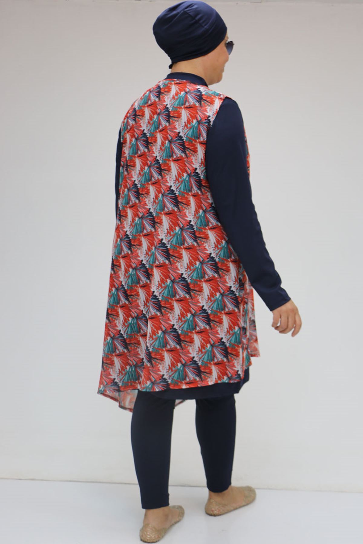 1723 Büyük Beden Uzun Kol Şifon Pareolu Tesettür Mayo Takım - Yaprak Desen Oranj