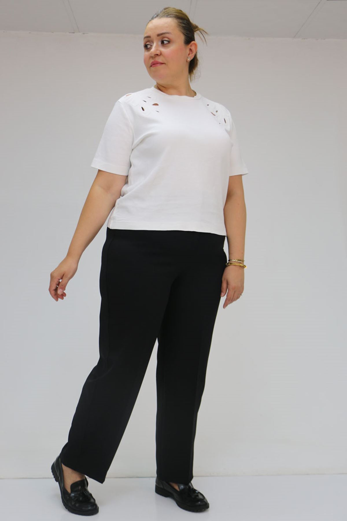 59010 Büyük Beden Beli Düğmeli Double Pantolon - Siyah