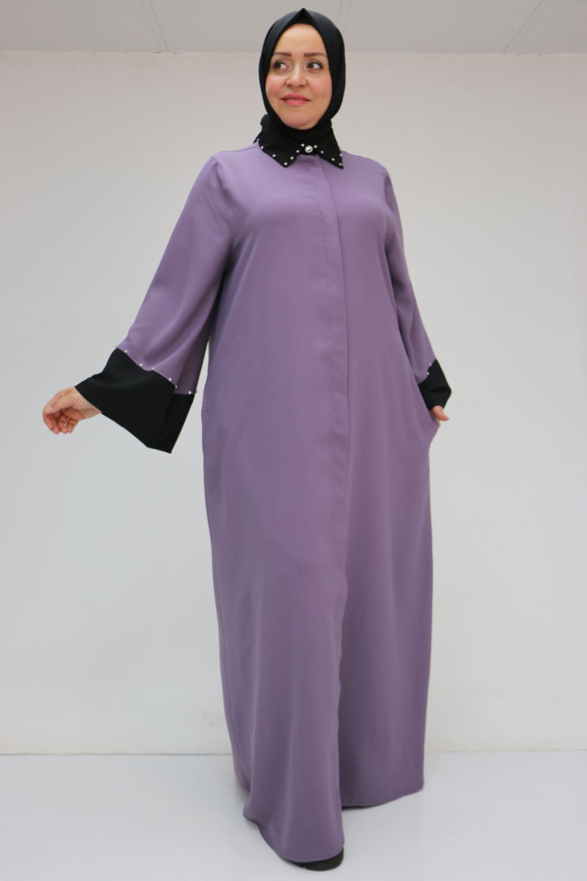 56008 Büyük Beden Kol Garnili Etamin Abaya Ferace - Lila-Siyah