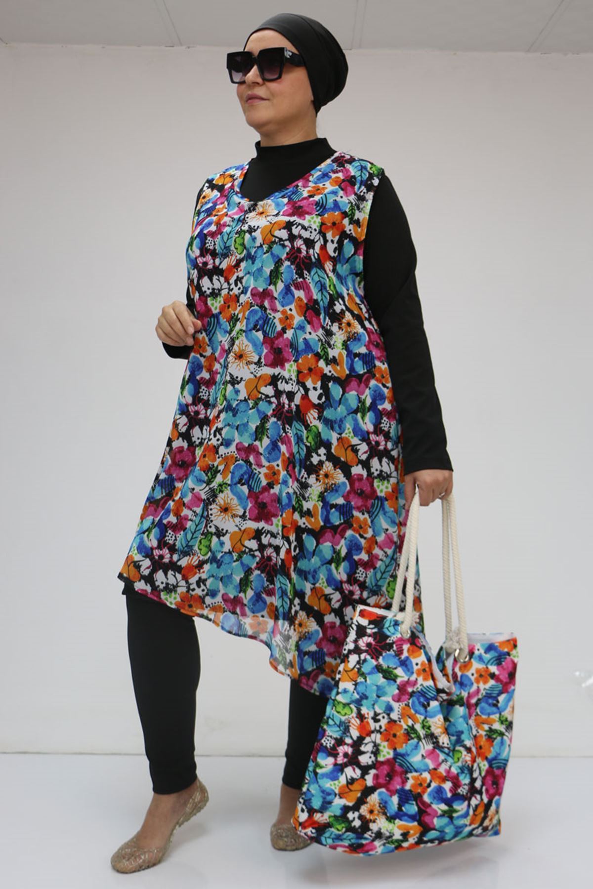 1723 Büyük Beden Uzun Kol Şifon Pareolu Tesettür Mayo Takım - Karışık Desen Mavi