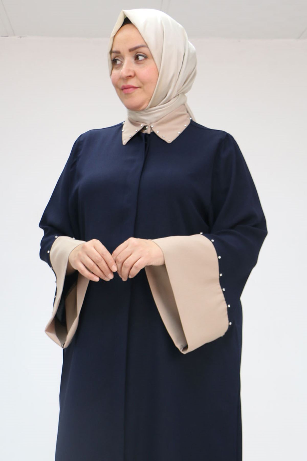 56008 Büyük Beden Kol Garnili Etamin Abaya Ferace - Lacivert-Vizon