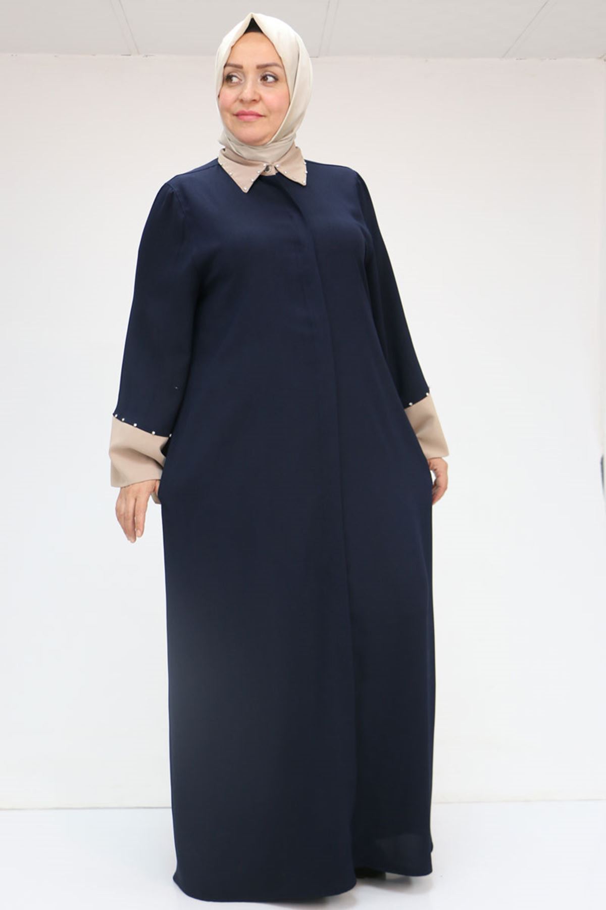 56008 Büyük Beden Kol Garnili Etamin Abaya Ferace - Lacivert-Vizon