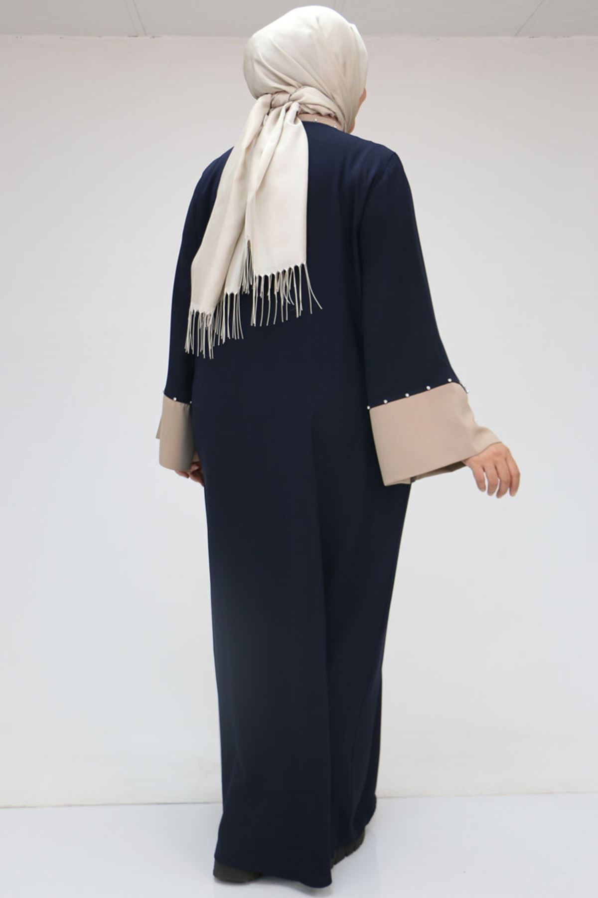 56008 Büyük Beden Kol Garnili Etamin Abaya Ferace - Lacivert-Vizon