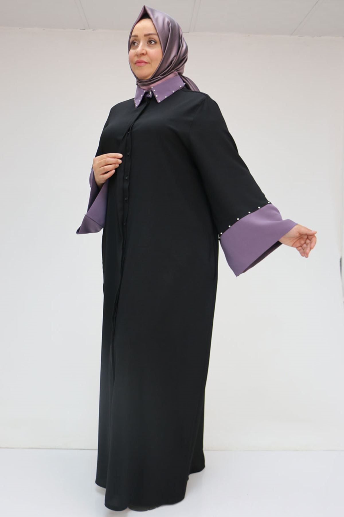 56008 Büyük Beden Kol Garnili Etamin Abaya Ferace - Siyah-Lila