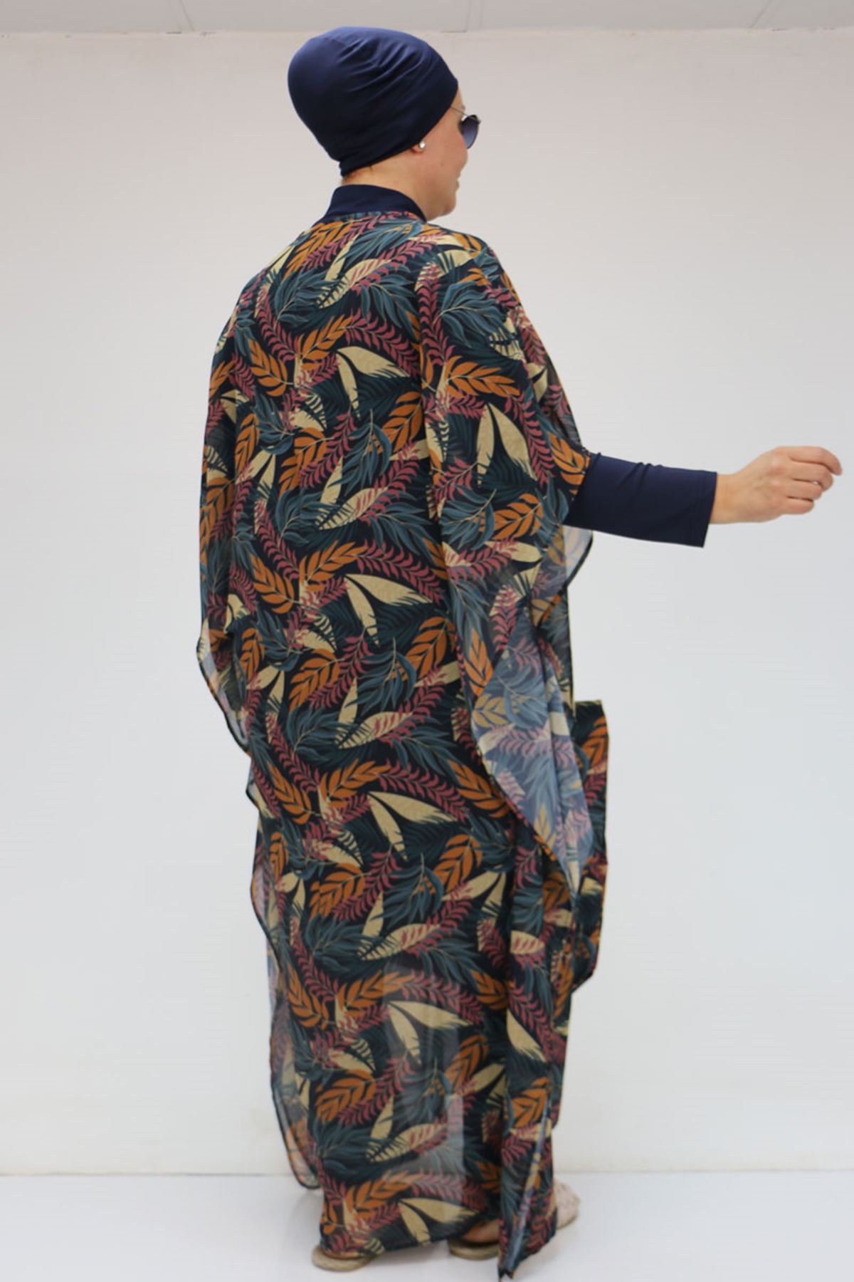 1719 Büyük Beden Pareo - Yaprak Desen Hardal