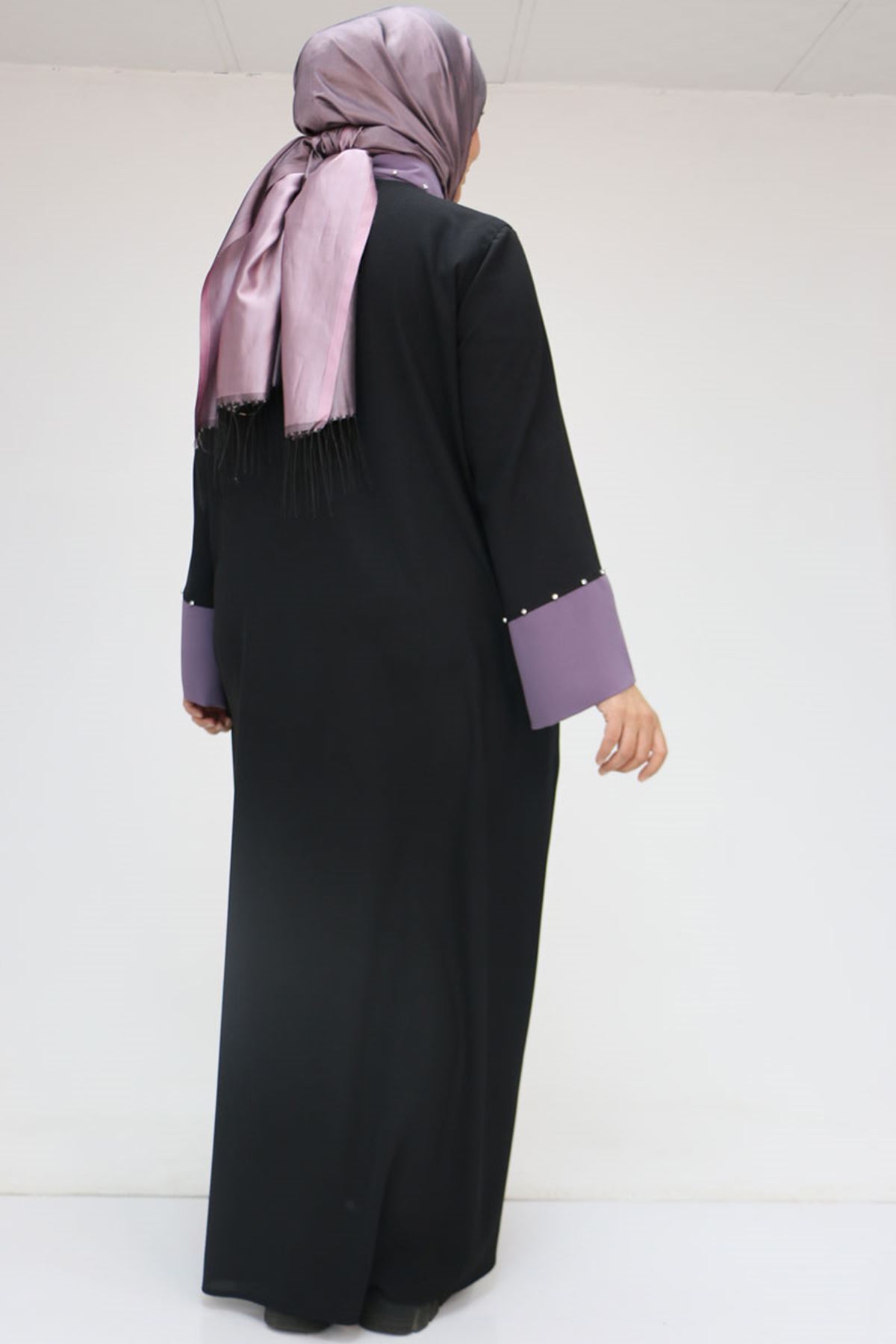 56008 Büyük Beden Kol Garnili Etamin Abaya Ferace - Siyah-Lila