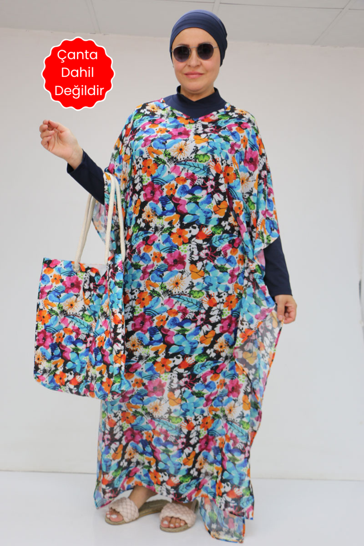 1719 Büyük Beden Pareo - Karışık Desen Mavi