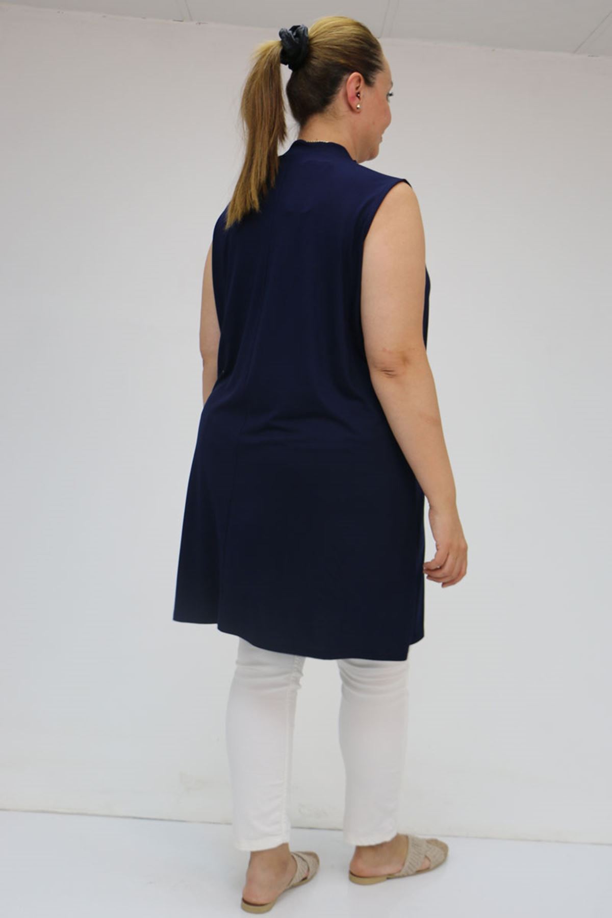 58501 Büyük Beden Hakim Yakalı Penye İçlik - Koyu Lacivert