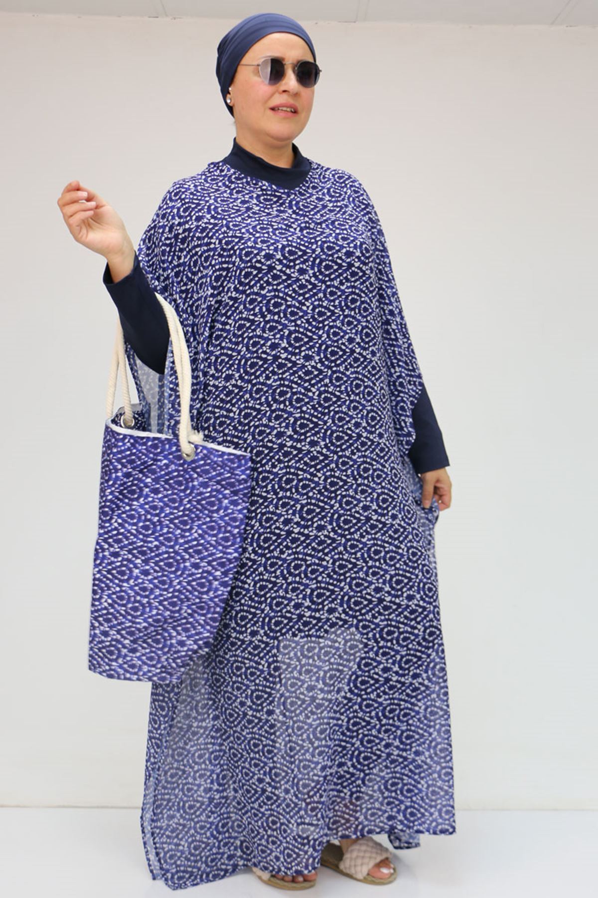 1719 Büyük Beden Pareo - Damla Desen Saks