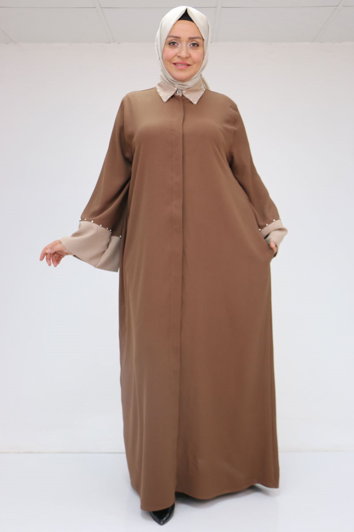 56008 Büyük Beden Kol Garnili Etamin Abaya Ferace - Kahve - Vizon