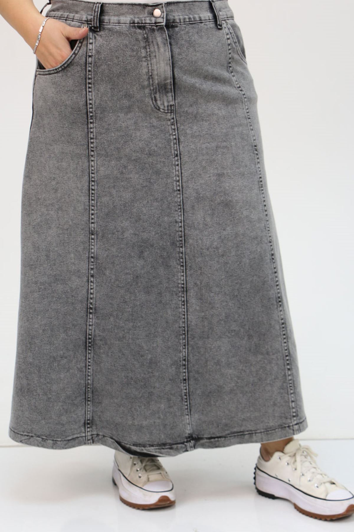 D-45007 Büyük Beden Parçalı Taş Detaylı Kot Etek - Antrasit