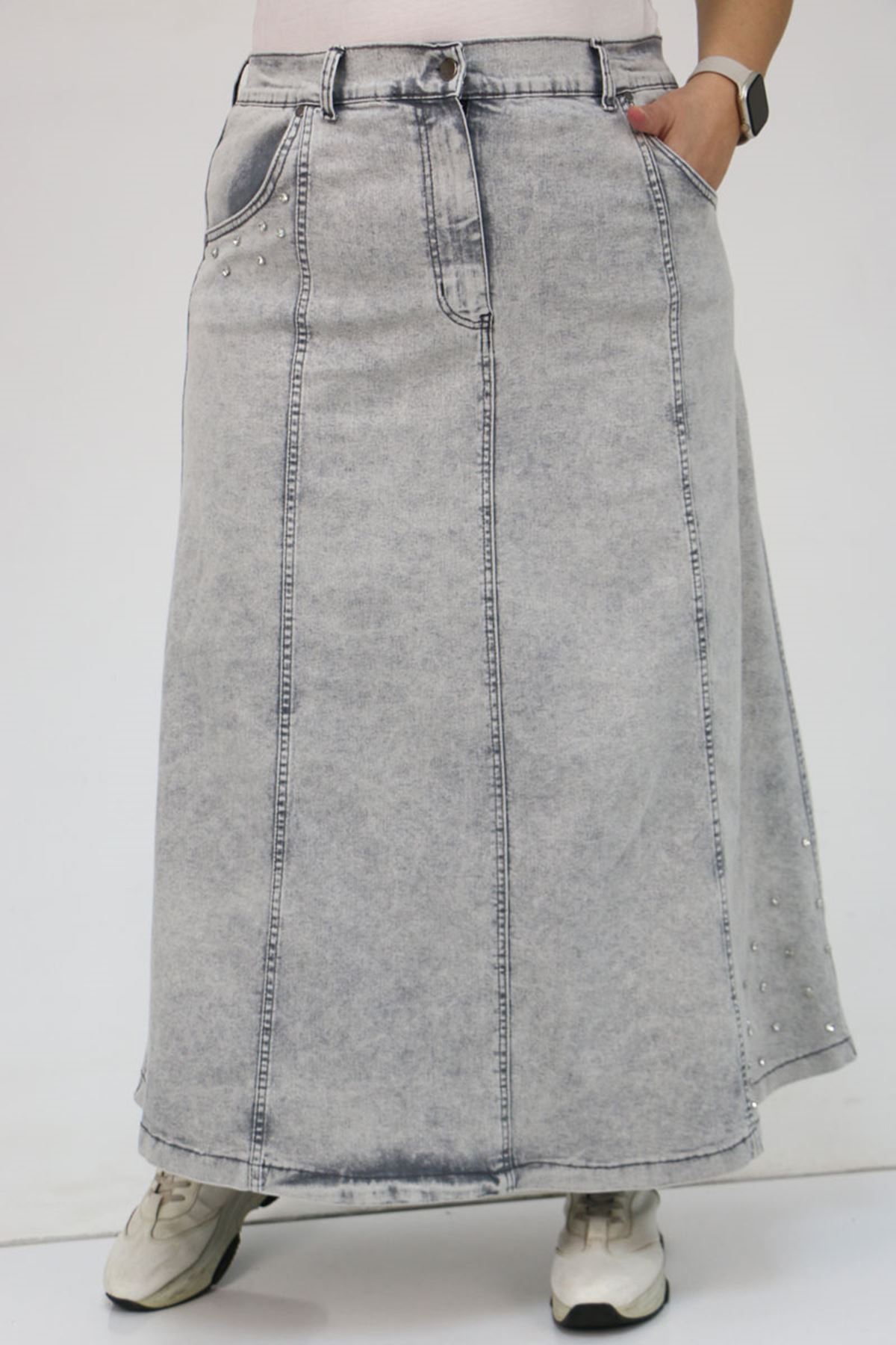 D-45007-1 Büyük Beden Parçalı Taş Detaylı Kot Etek - Gri