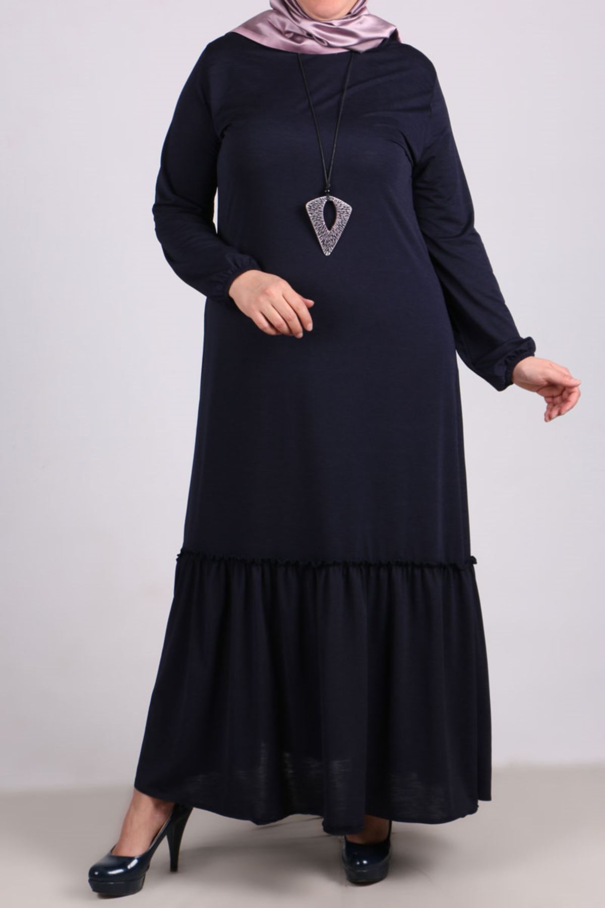 22006 Büyük Beden Fırfır Detaylı Mina Krep Elbise - Lacivert