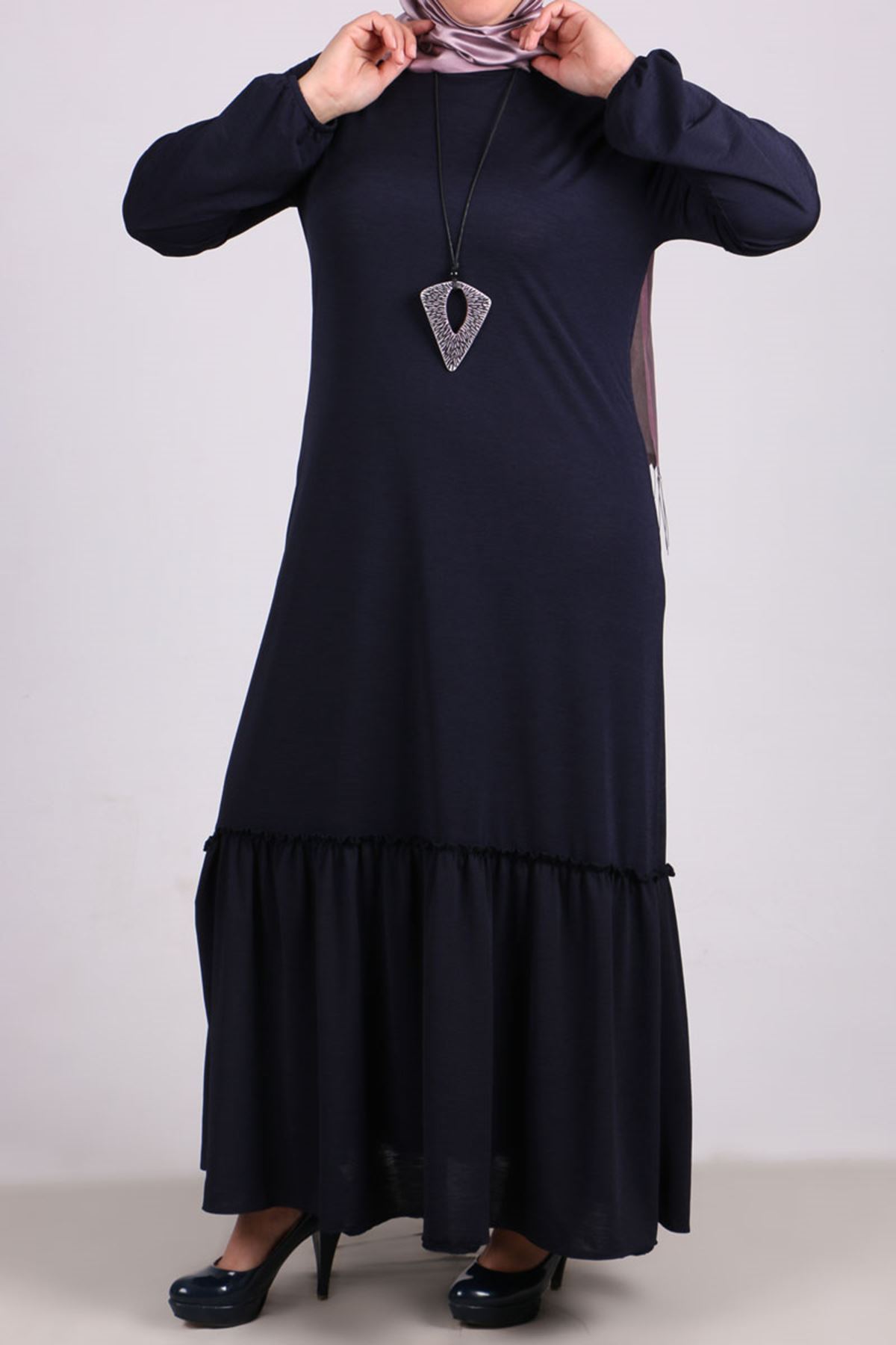 22006 Büyük Beden Fırfır Detaylı Mina Krep Elbise - Lacivert