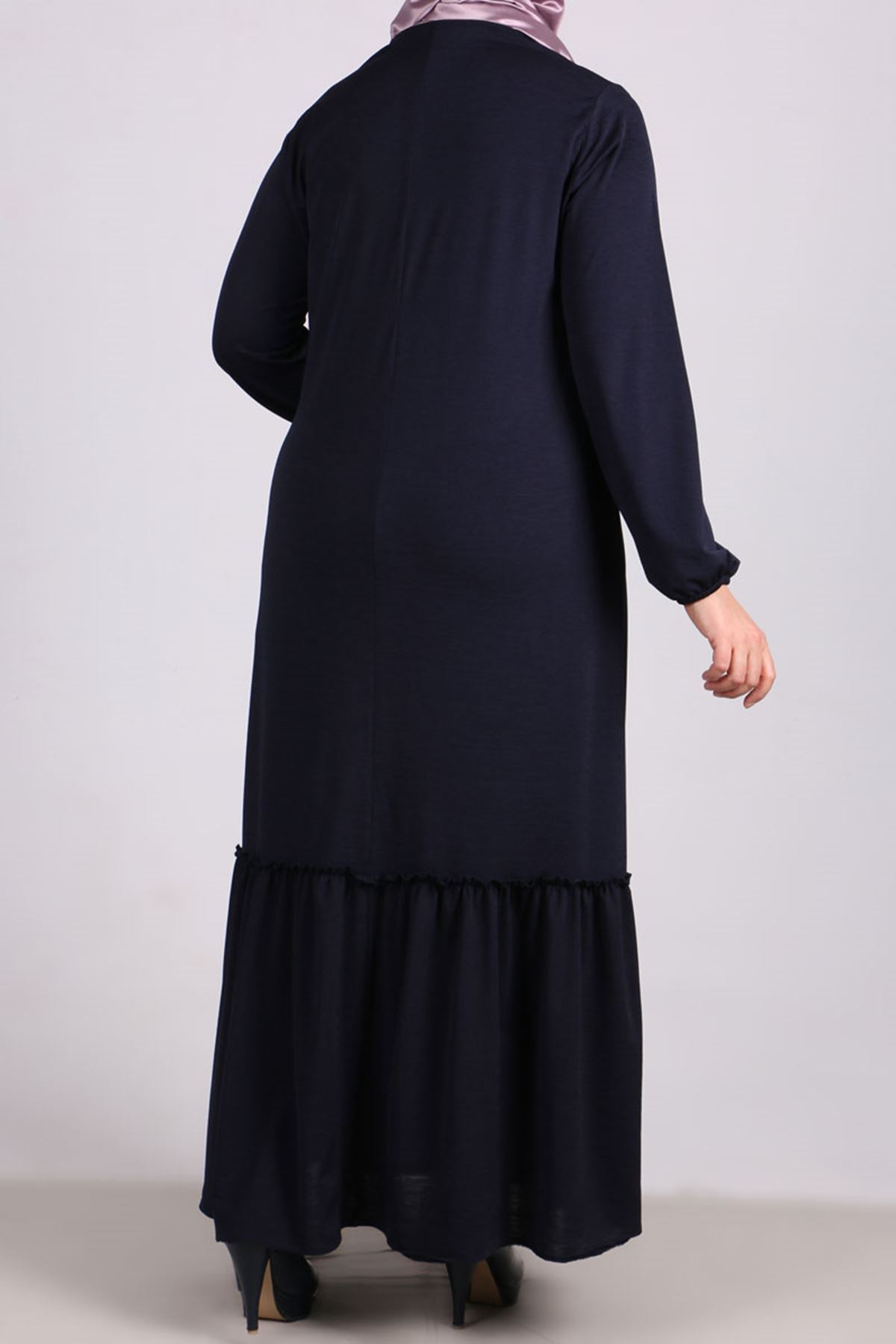 22006 Büyük Beden Fırfır Detaylı Mina Krep Elbise - Lacivert