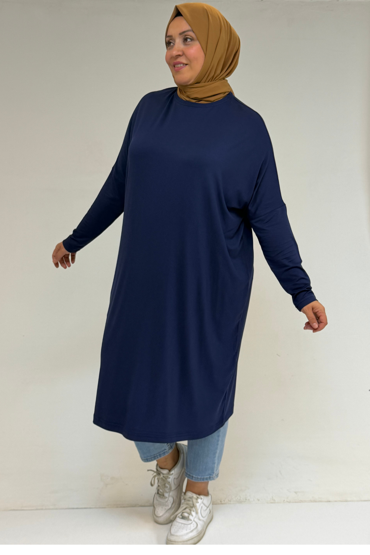 28092 Büyük Beden Düşük Kol Penye Tunik - İndigo