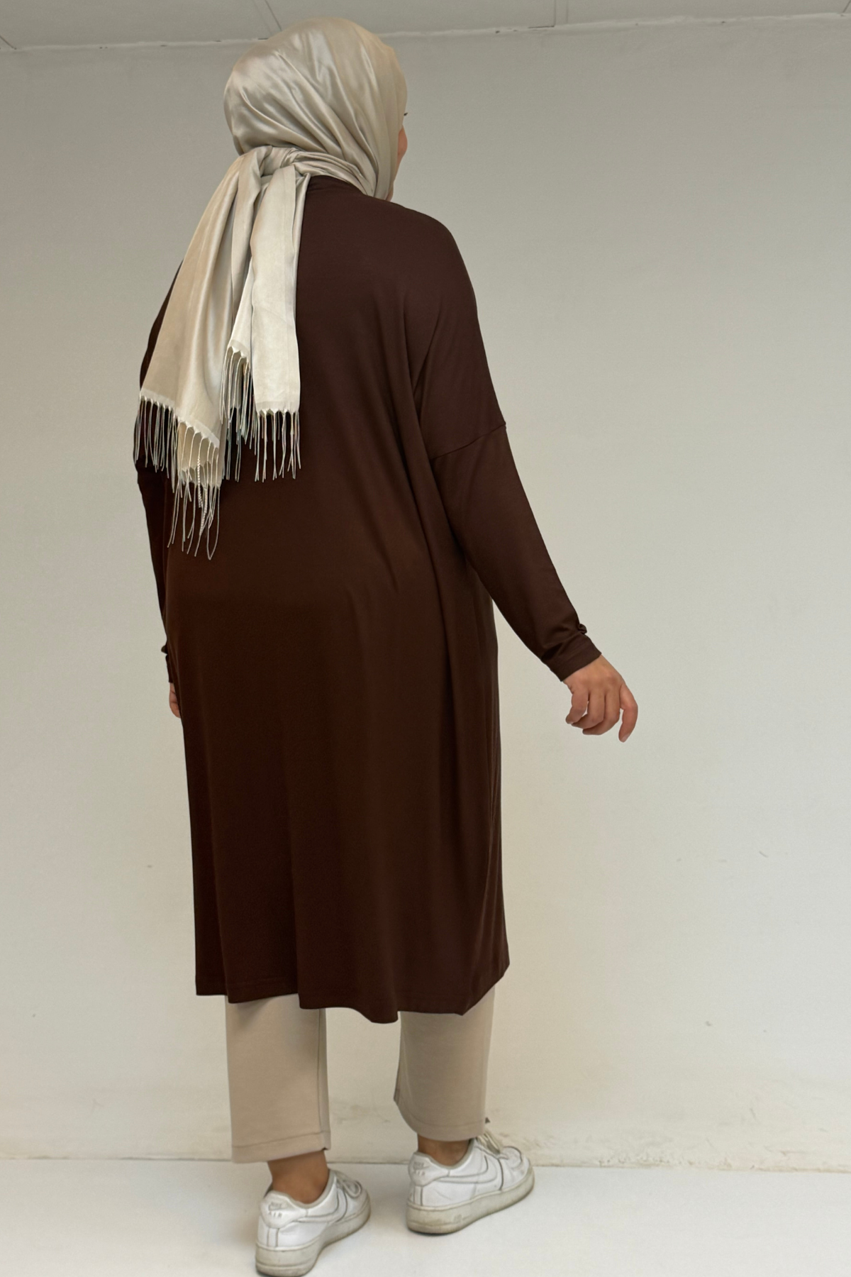 28092 Büyük Beden Düşük Kol Penye Tunik - Kahve