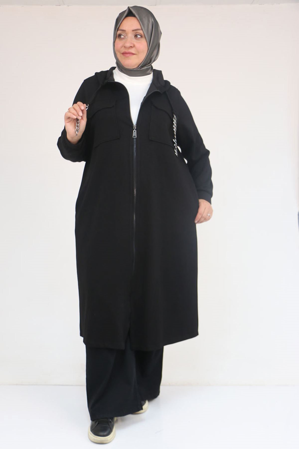 43036 Büyük Beden Zincir Kordonlu Modal Kap - Siyah