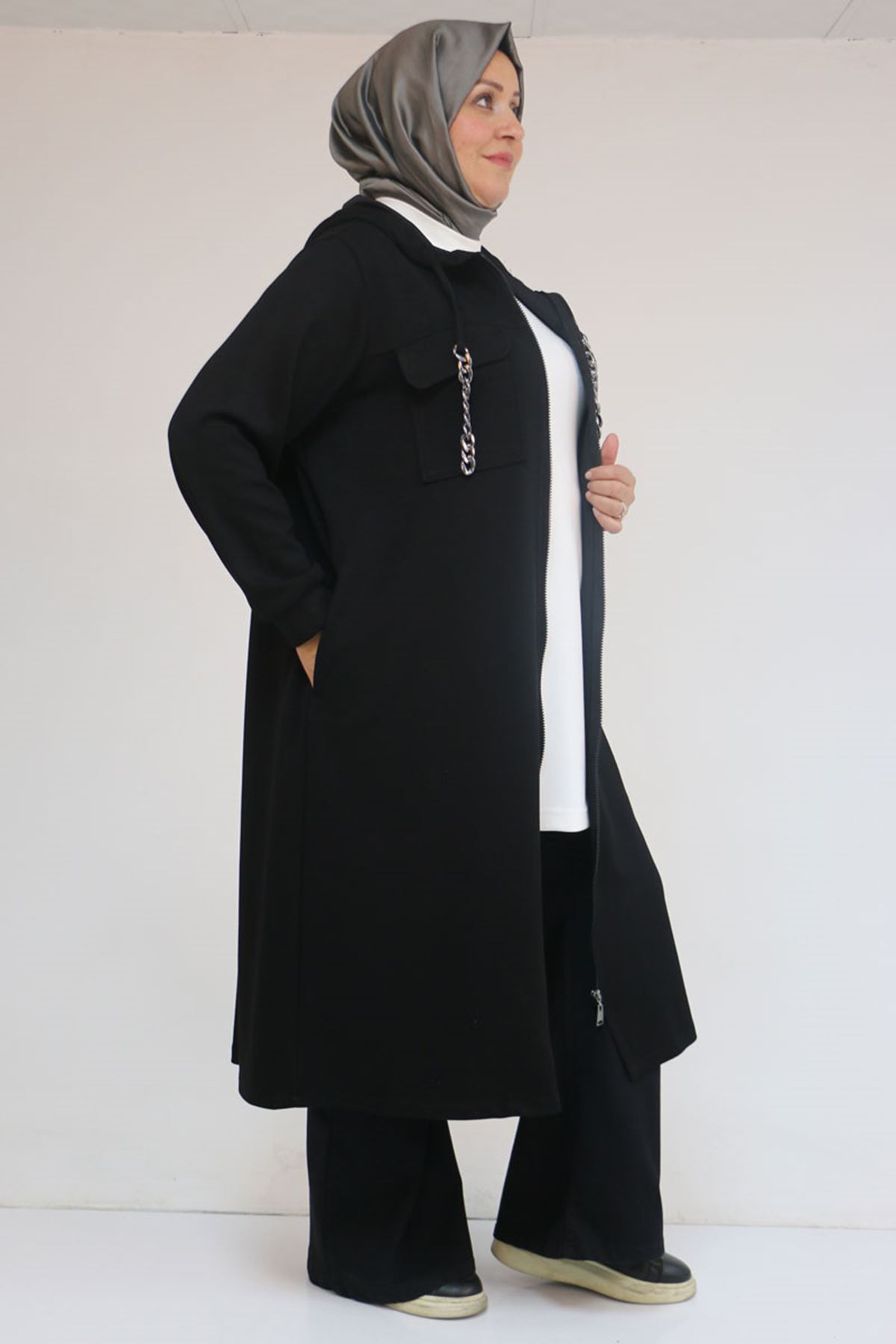 43036 Büyük Beden Zincir Kordonlu Modal Kap - Siyah