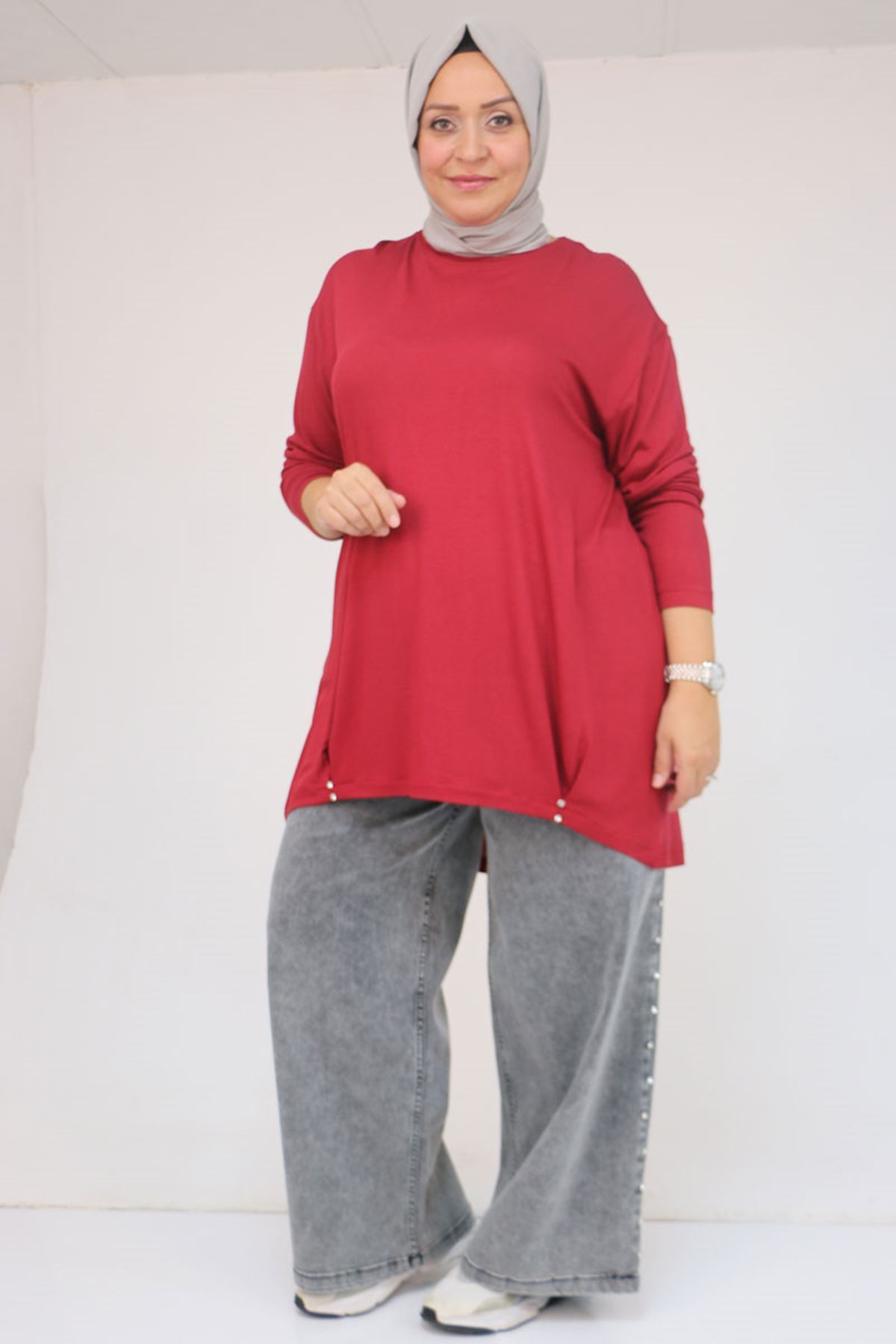 58121 Büyük Beden Yanları Biyeli Çilek Tunik - Bordo