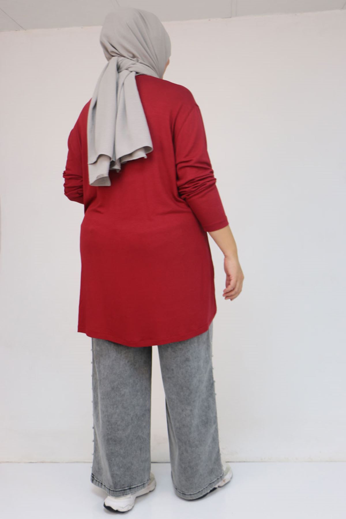 58121 Büyük Beden Yanları Biyeli Çilek Tunik - Bordo