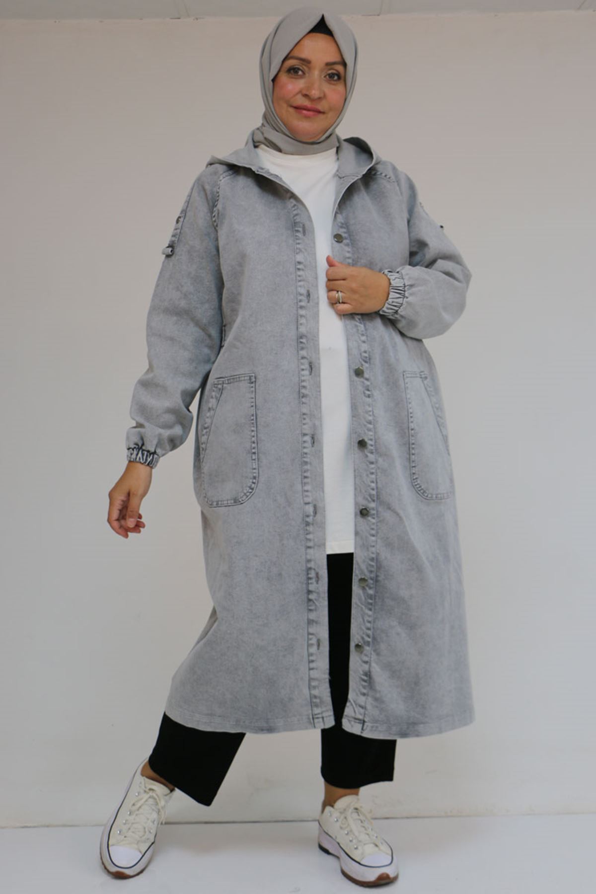 43049 Büyük Beden Kapüşonlu  D Halkalı Kot Kap - Gri