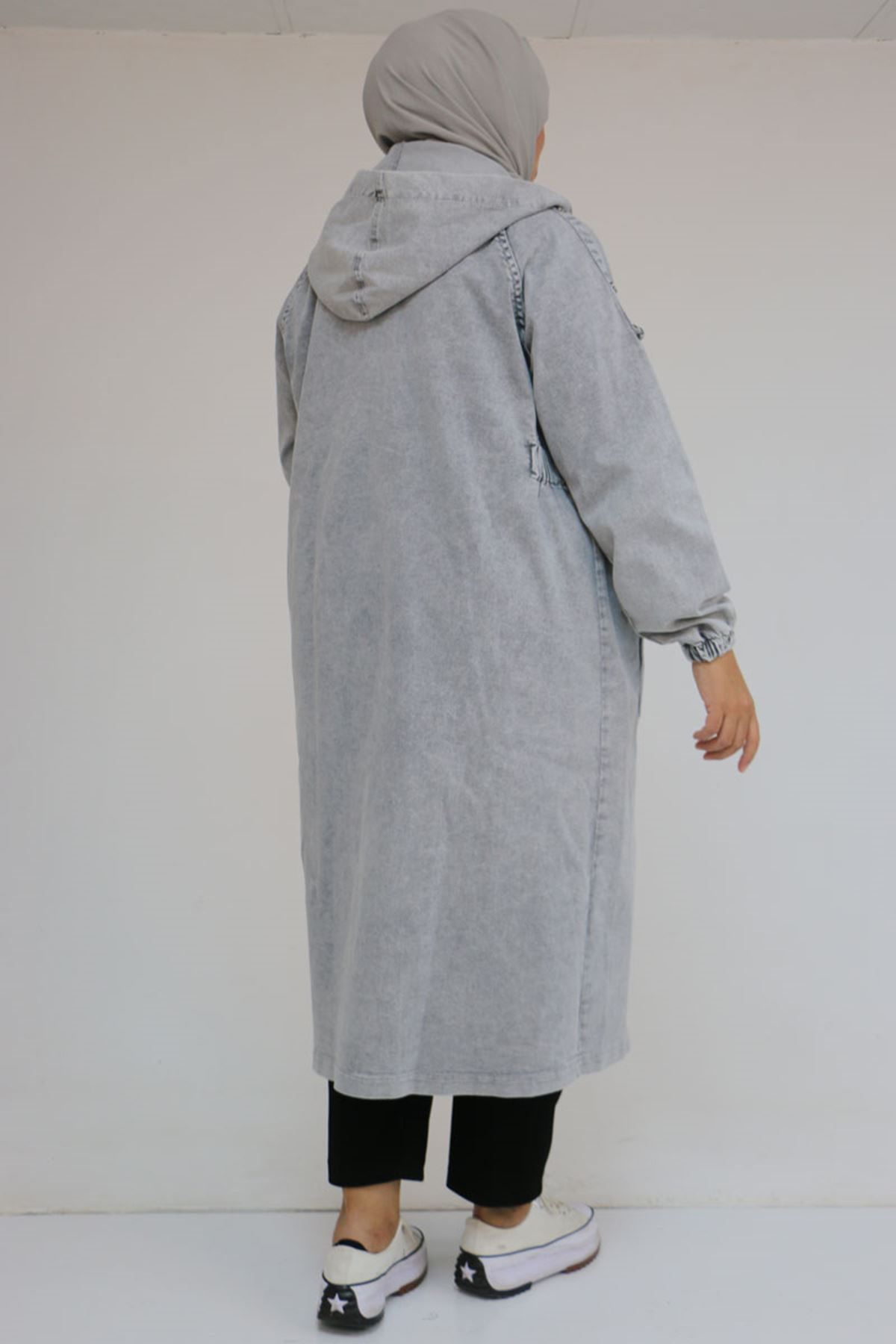 43049 Büyük Beden Kapüşonlu  D Halkalı Kot Kap - Gri