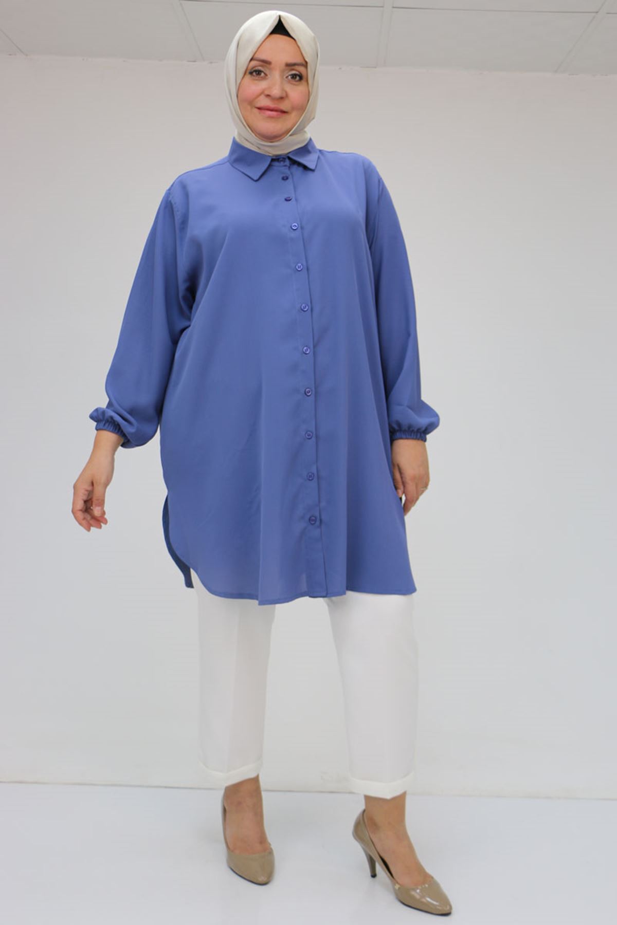 F-58085-3 Büyük Beden Kolları Lastikli Jesica Gömlek - İndigo