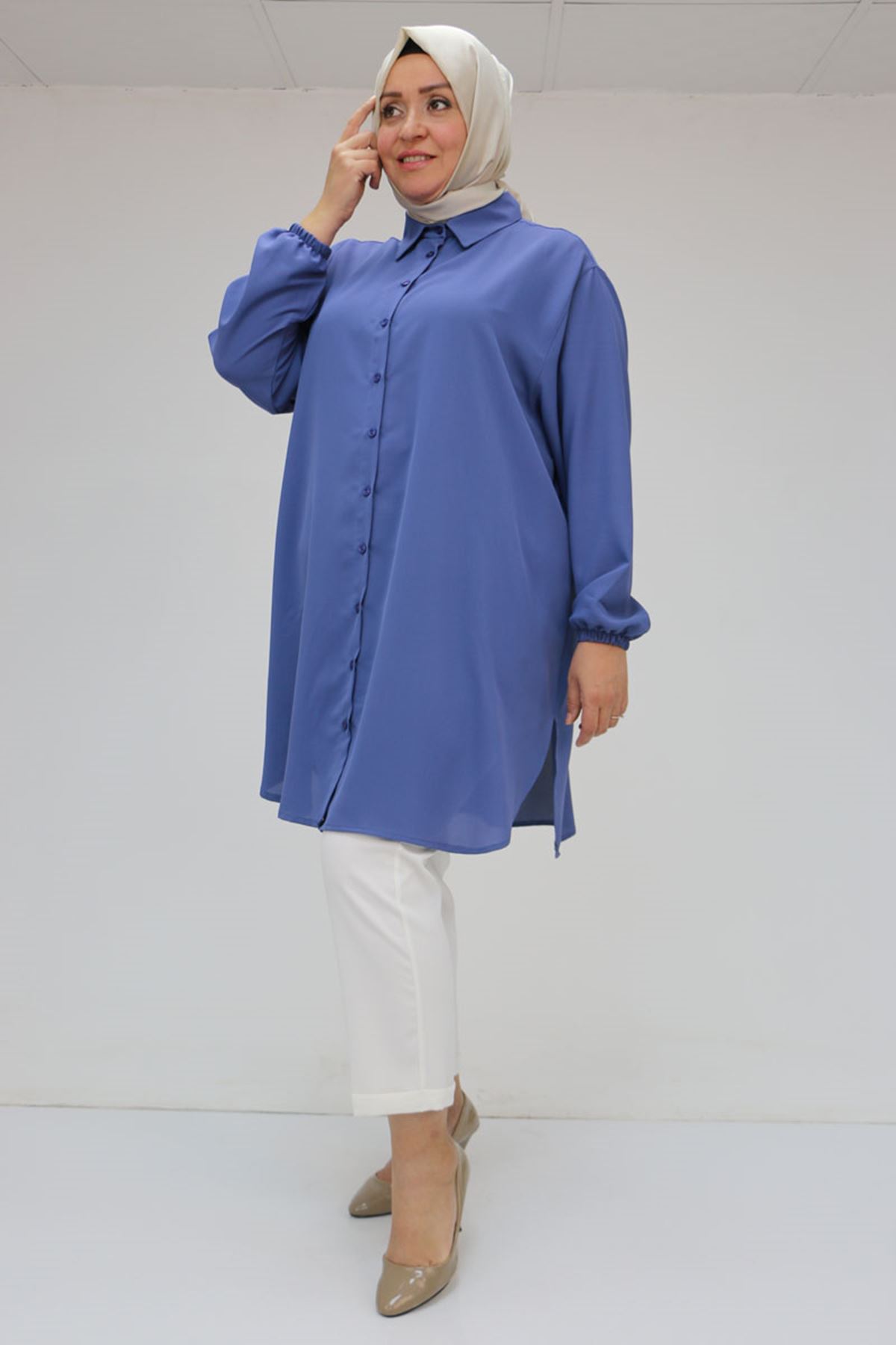 F-58085-3 Büyük Beden Kolları Lastikli Jesica Gömlek - İndigo