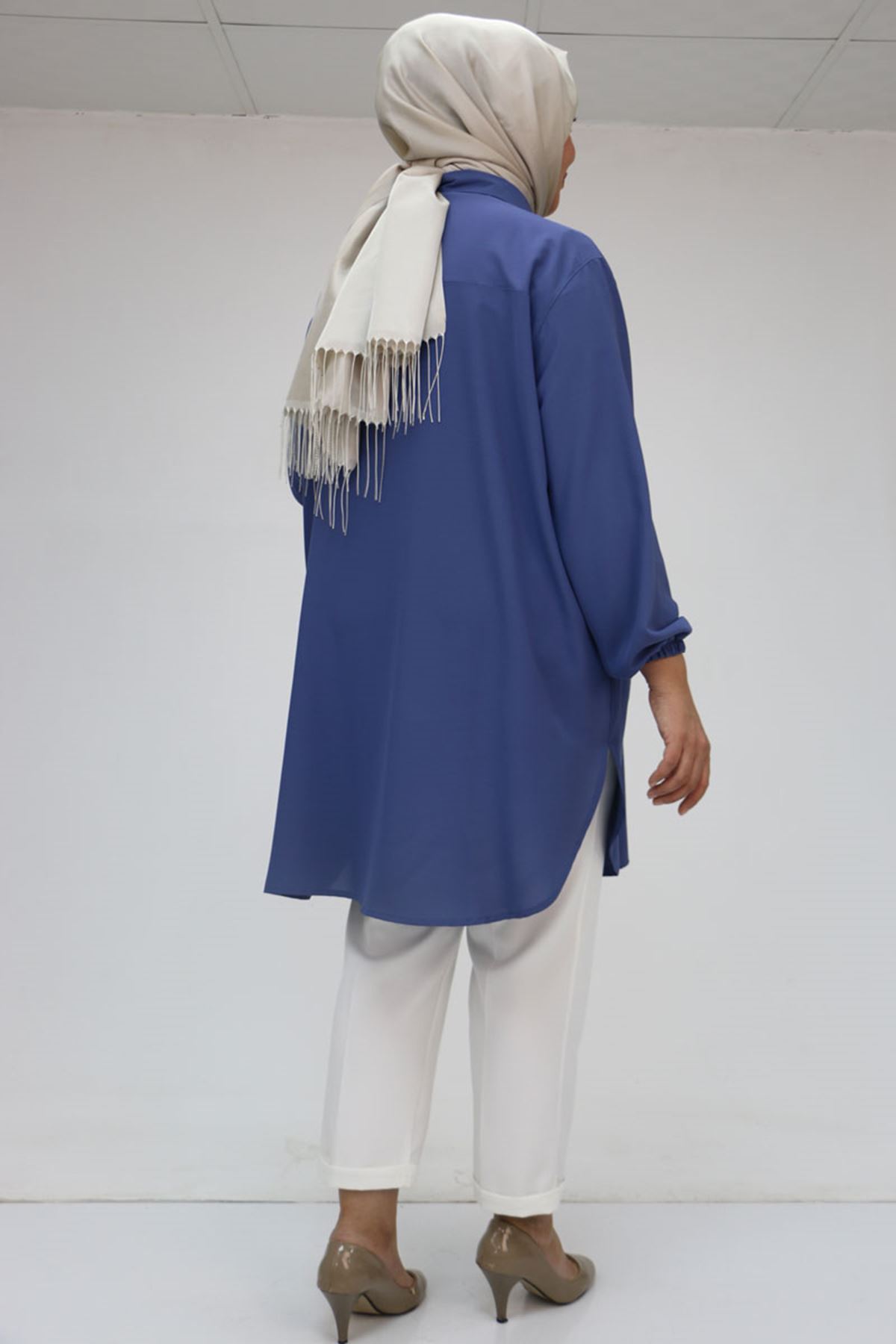 F-58085-3 Büyük Beden Kolları Lastikli Jesica Gömlek - İndigo