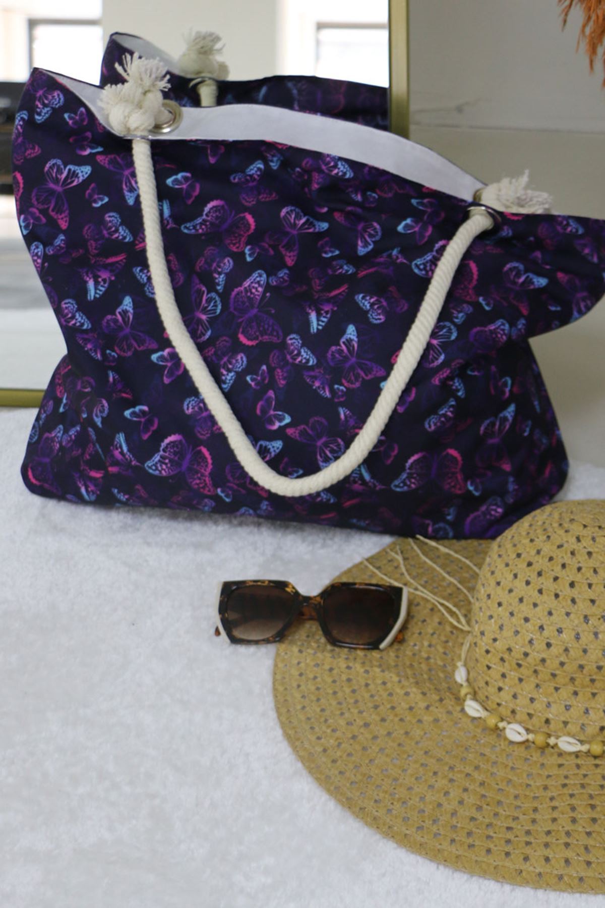 102 Büyük Plaj Çantası - Kelebek Desen Mor