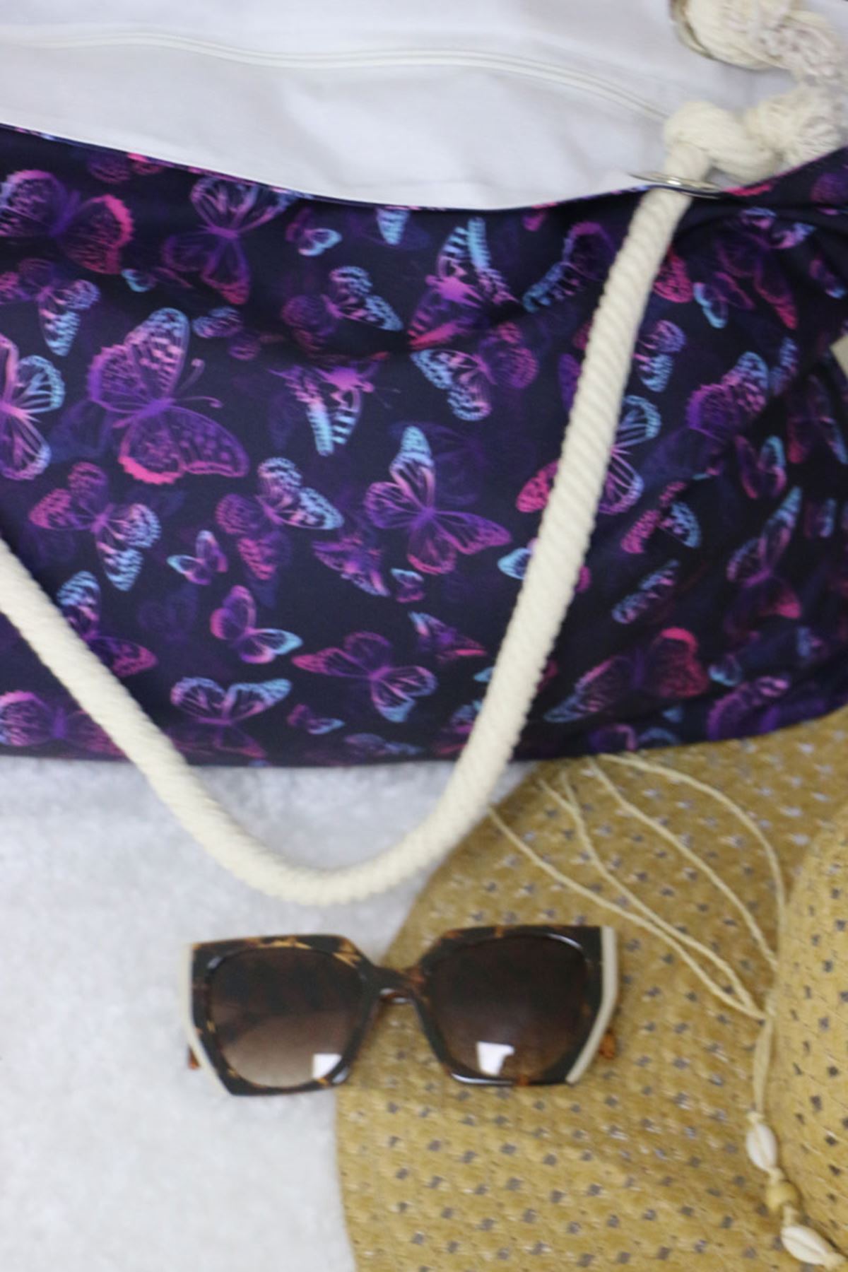 102 Büyük Plaj Çantası - Kelebek Desen Mor