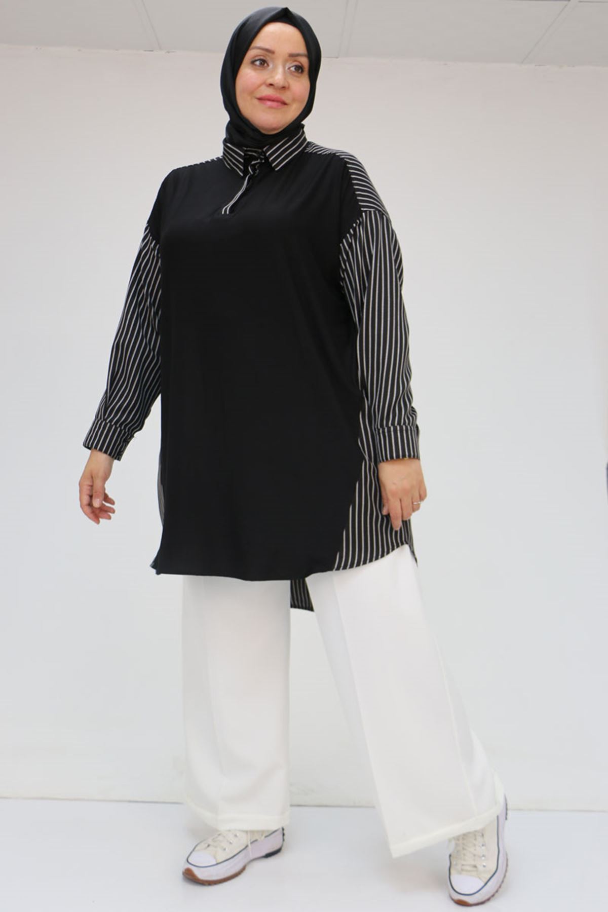 58041 Büyük Beden Önü Penye Arkası Çizgili Kumaş Tunik - Siyah