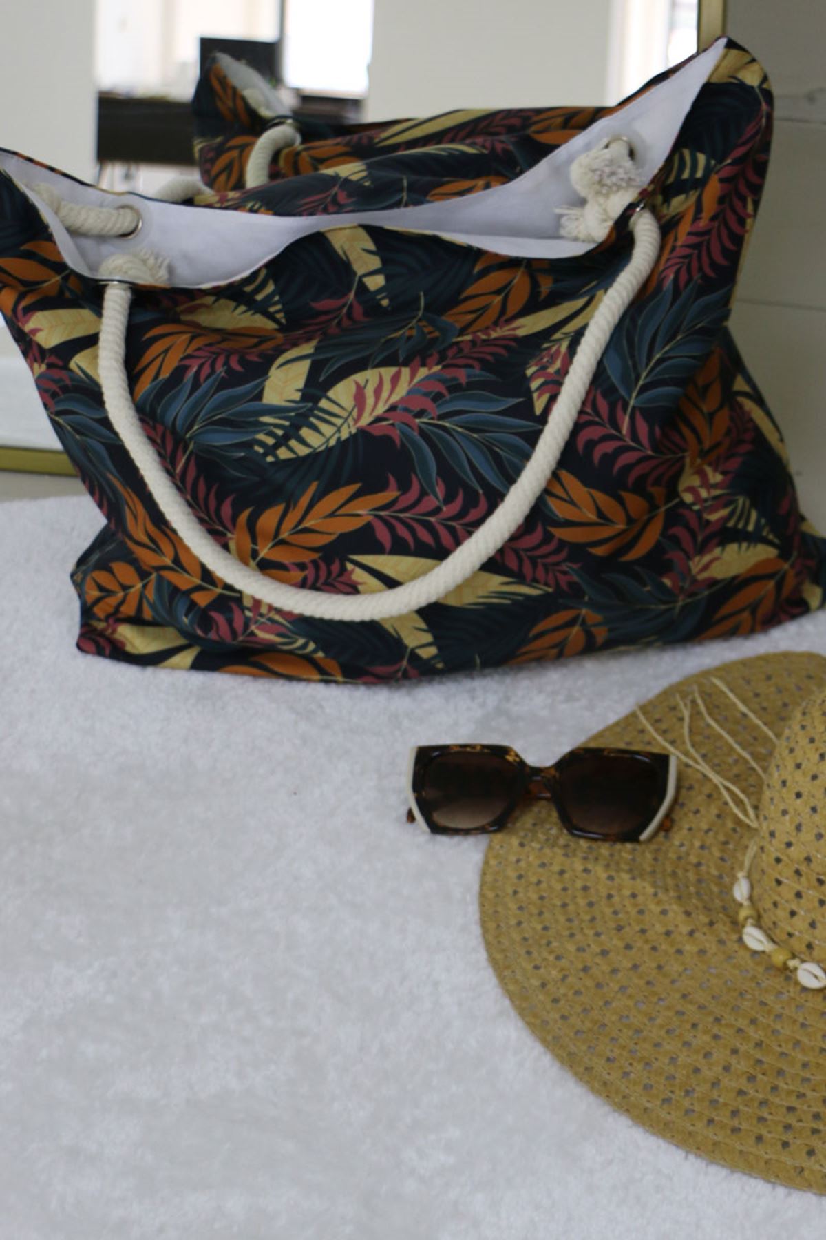 102 Büyük Plaj Çantası - Yaprak Desen Hardal