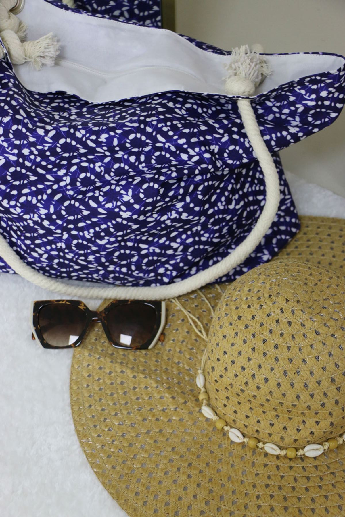 102 Büyük Plaj Çantası - Damla Desen Saks